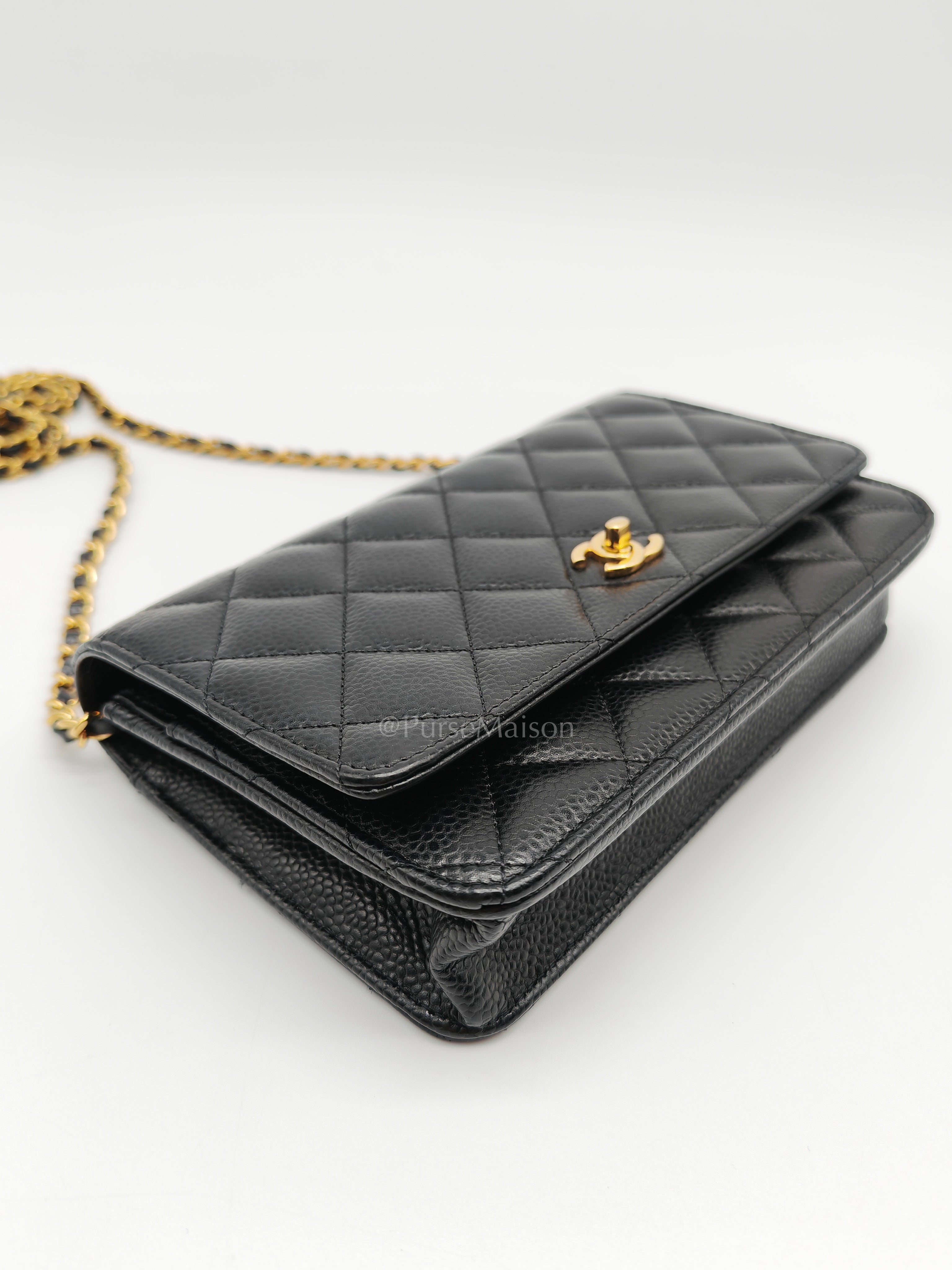 Wallet on Chain in Black Quilted Caviar Leather and Gold Hardware Microchip | Purse Maison Luxury Bags Shop