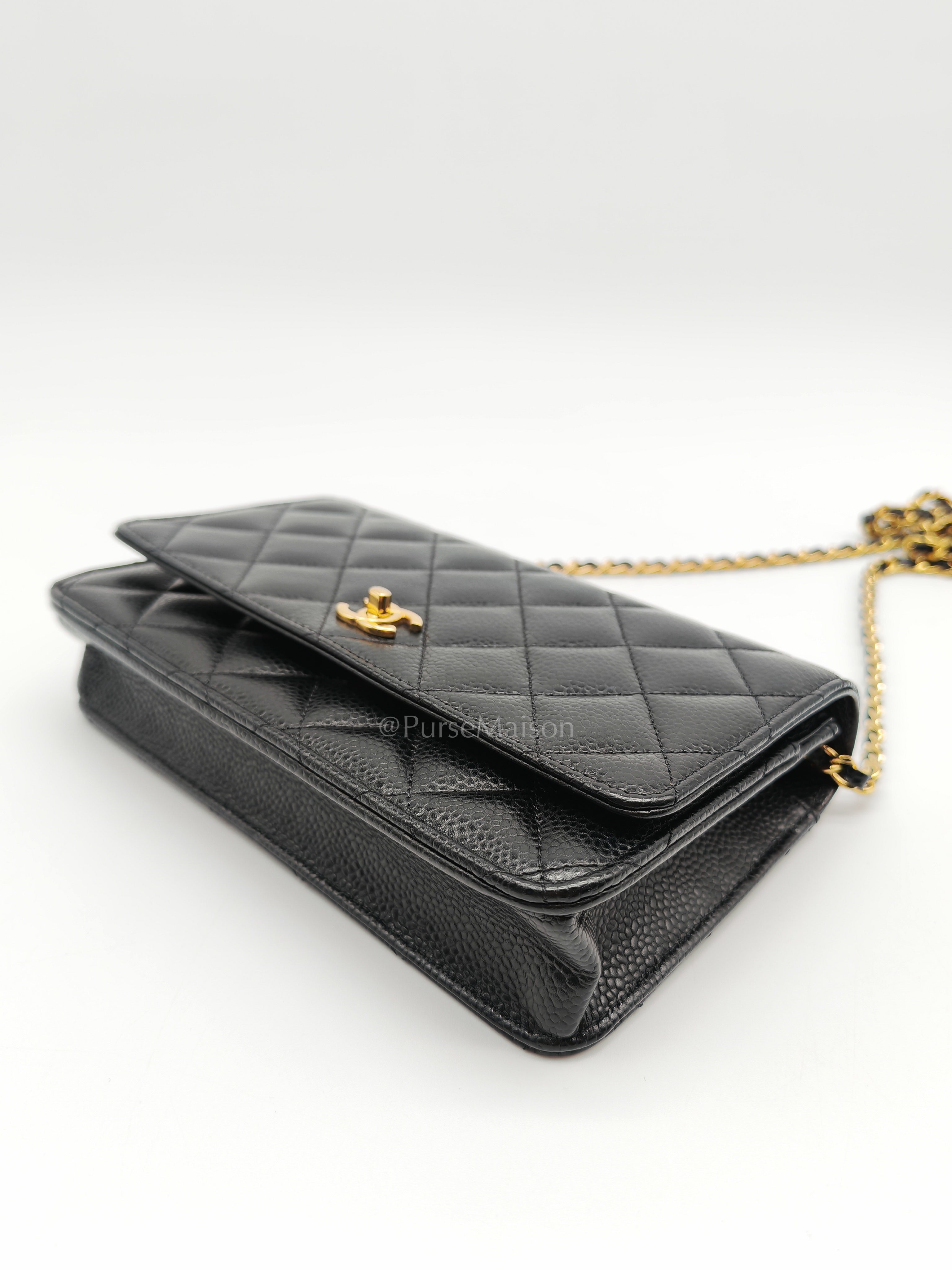 Wallet on Chain in Black Quilted Caviar Leather and Gold Hardware Microchip | Purse Maison Luxury Bags Shop