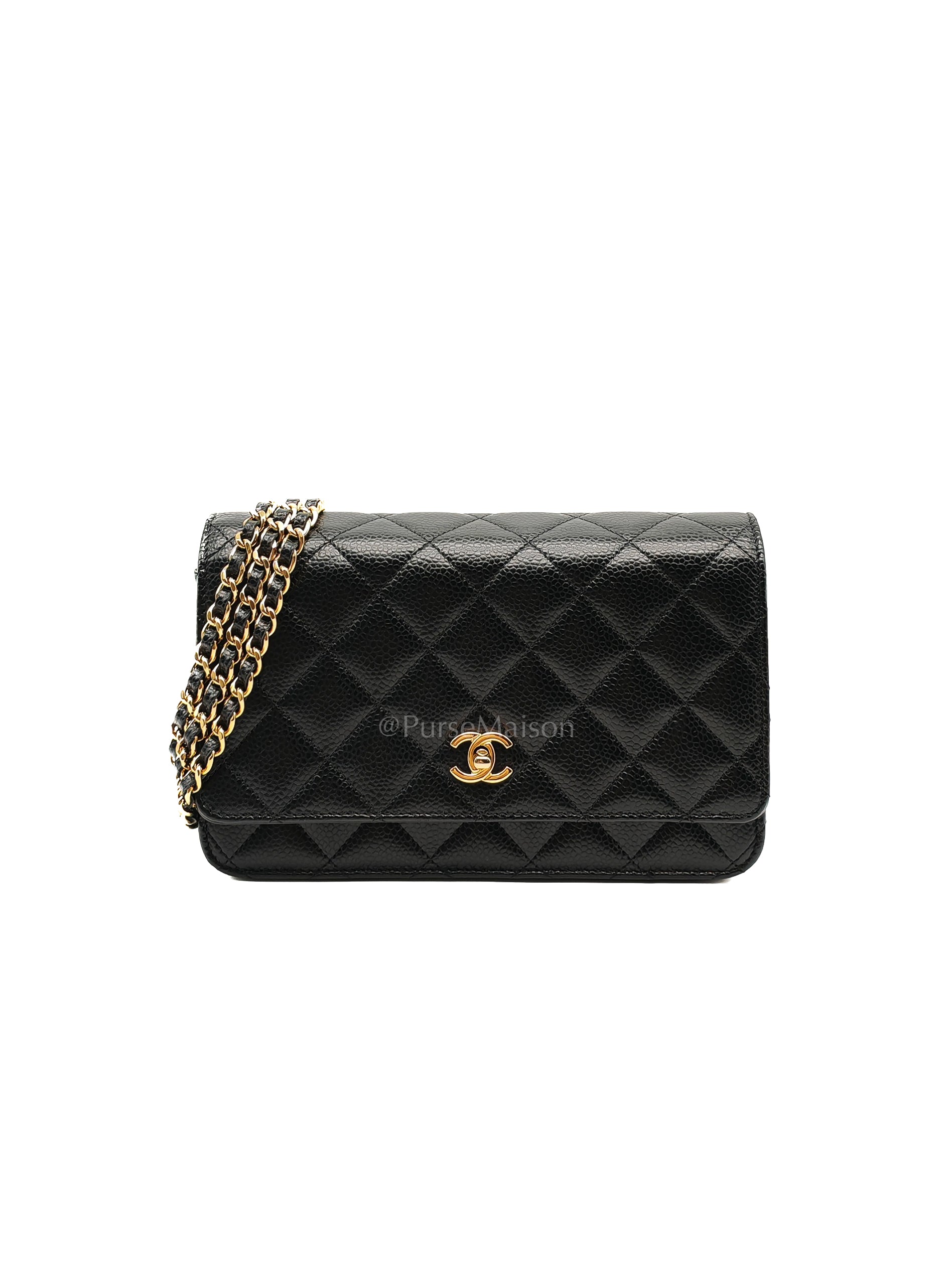 Wallet on Chain in Black Quilted Caviar Leather and Gold Hardware Microchip | Purse Maison Luxury Bags Shop