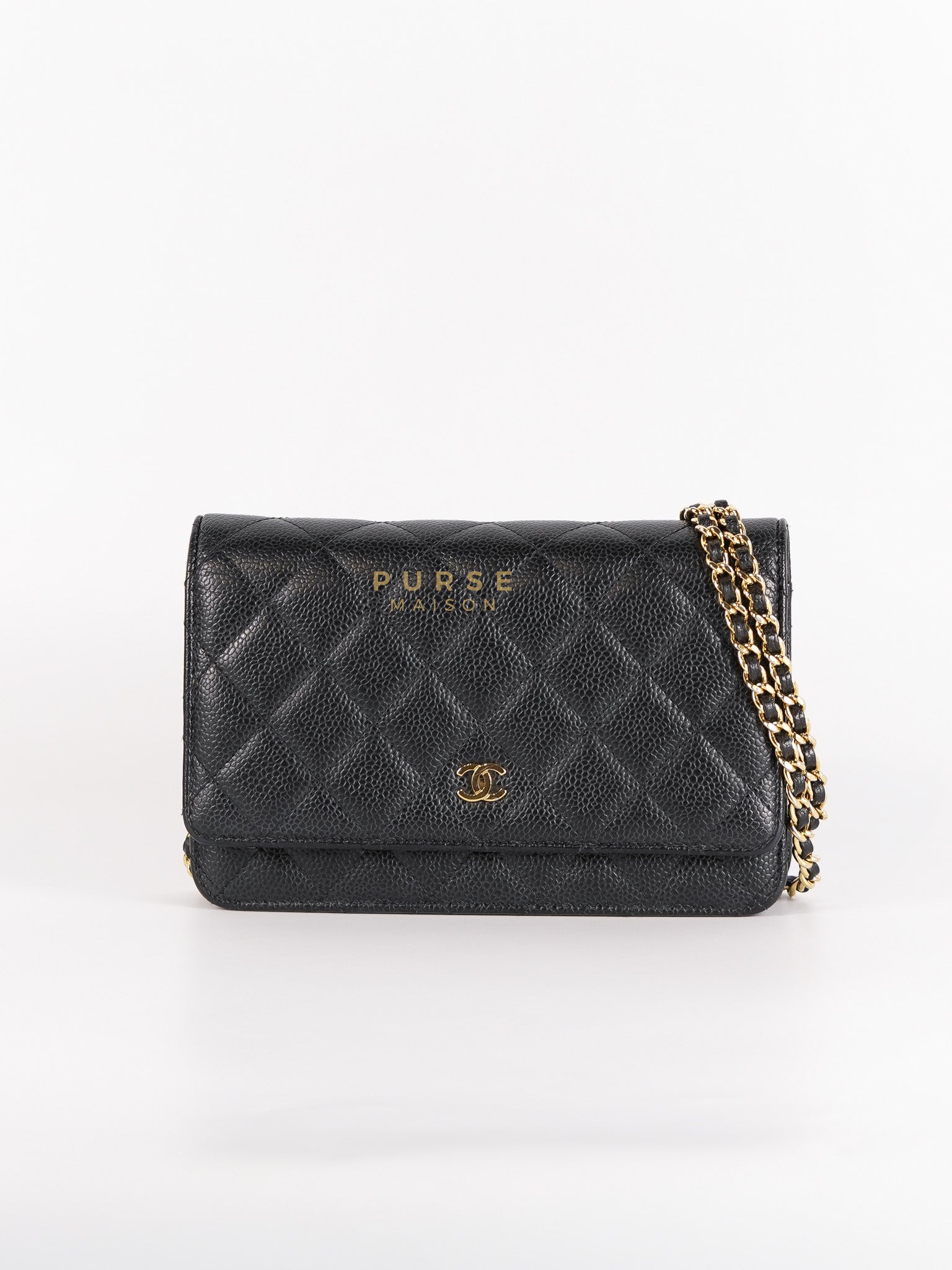 Wallet on Chain in Black Quilted Caviar Leather Light Gold