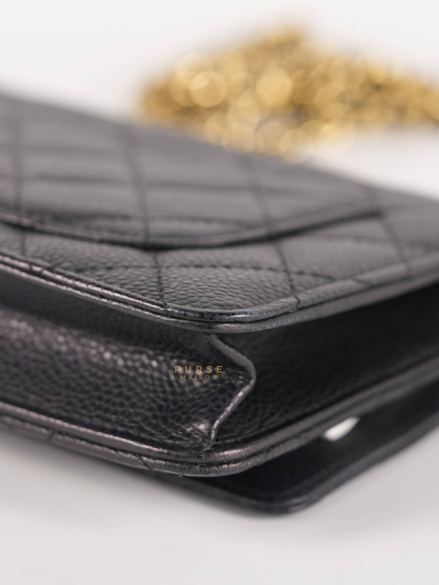 Wallet on Chain in Black Quilted Caviar Leather Gold Hardware Series 28 | Purse Maison Luxury Bags Shop
