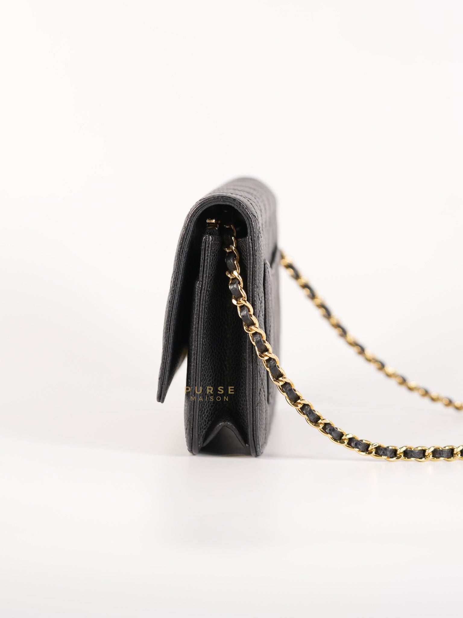 Wallet on Chain in Black Quilted Caviar Leather Gold Hardware Series 28 | Purse Maison Luxury Bags Shop
