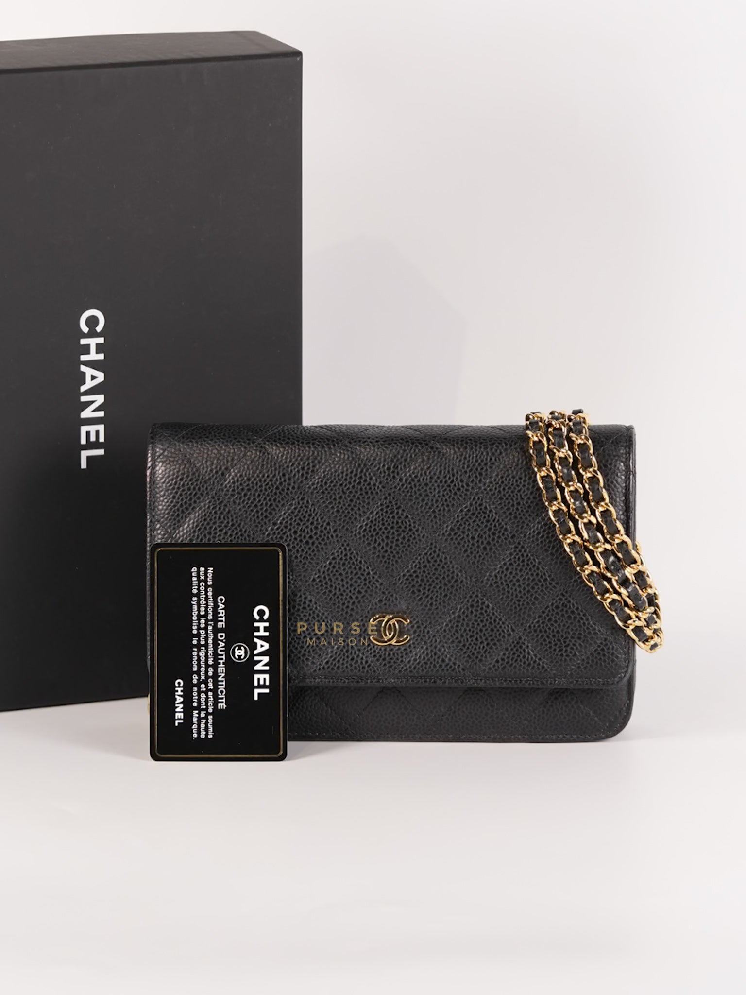 Wallet on Chain in Black Quilted Caviar Leather Gold Hardware Series 28 | Purse Maison Luxury Bags Shop