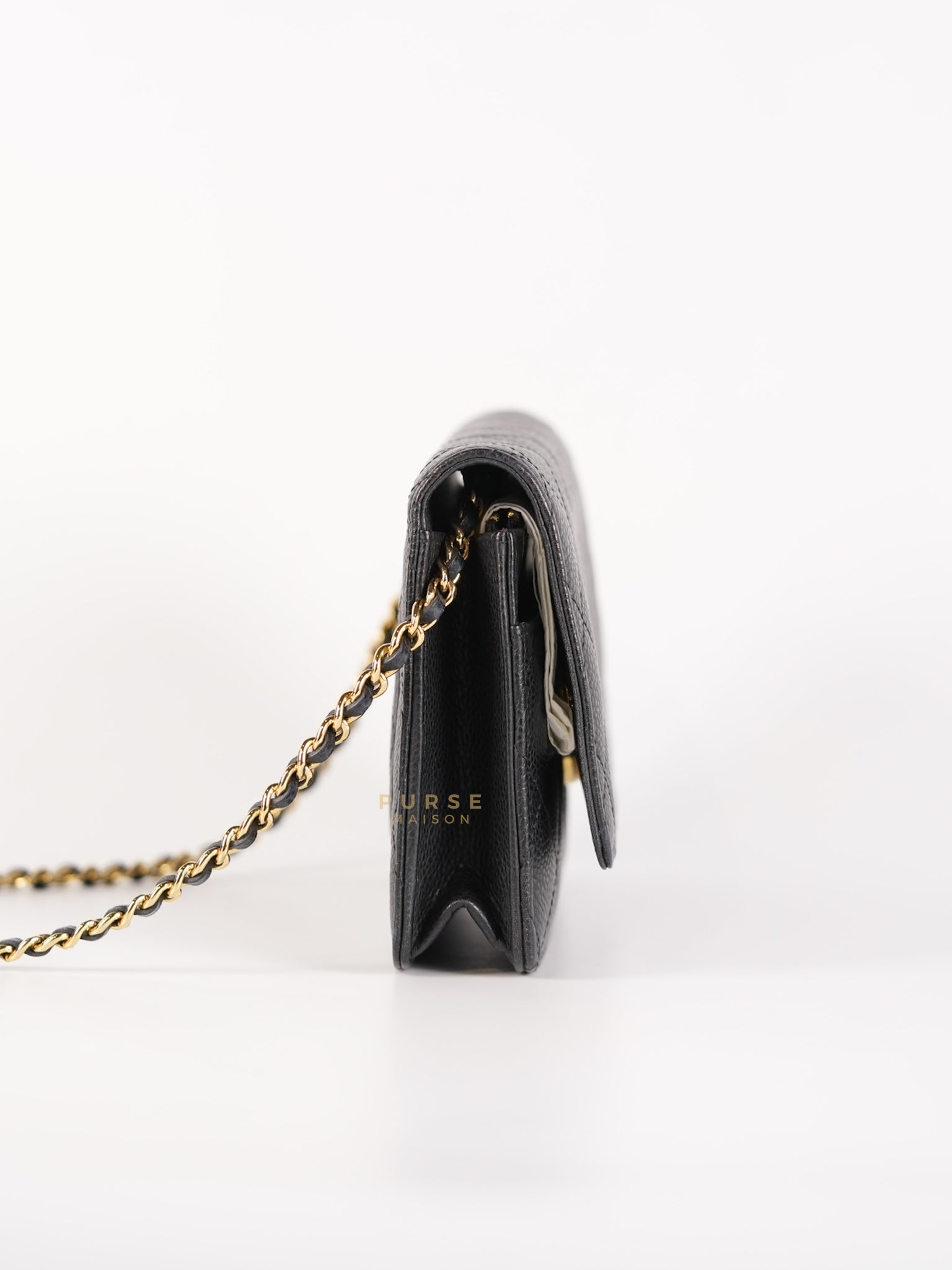 Wallet on Chain in Black Quilted Caviar Leather Gold Hardware Series 28 | Purse Maison Luxury Bags Shop