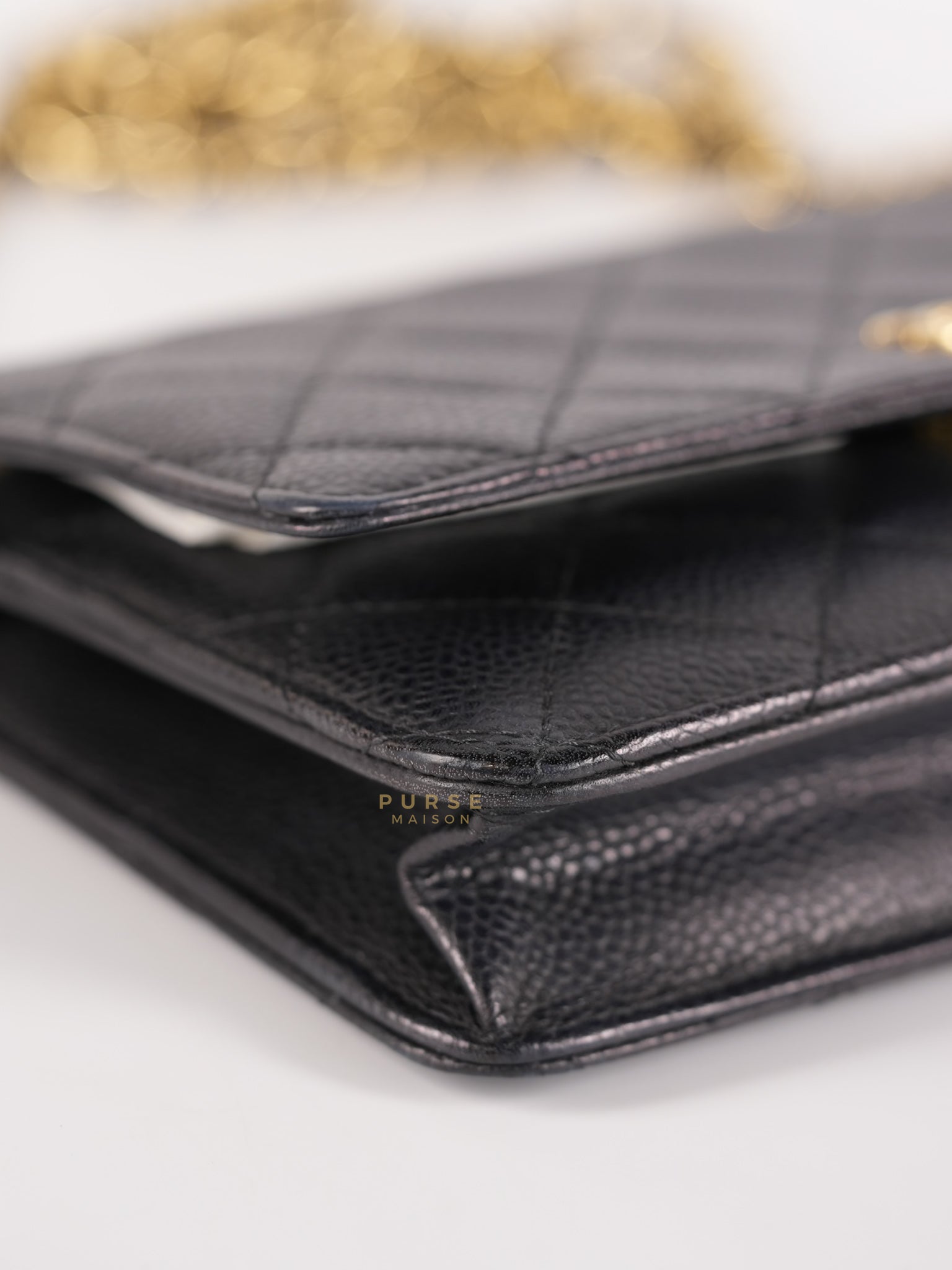 Wallet on Chain in Black Quilted Caviar Leather Gold Hardware Series 28 | Purse Maison Luxury Bags Shop