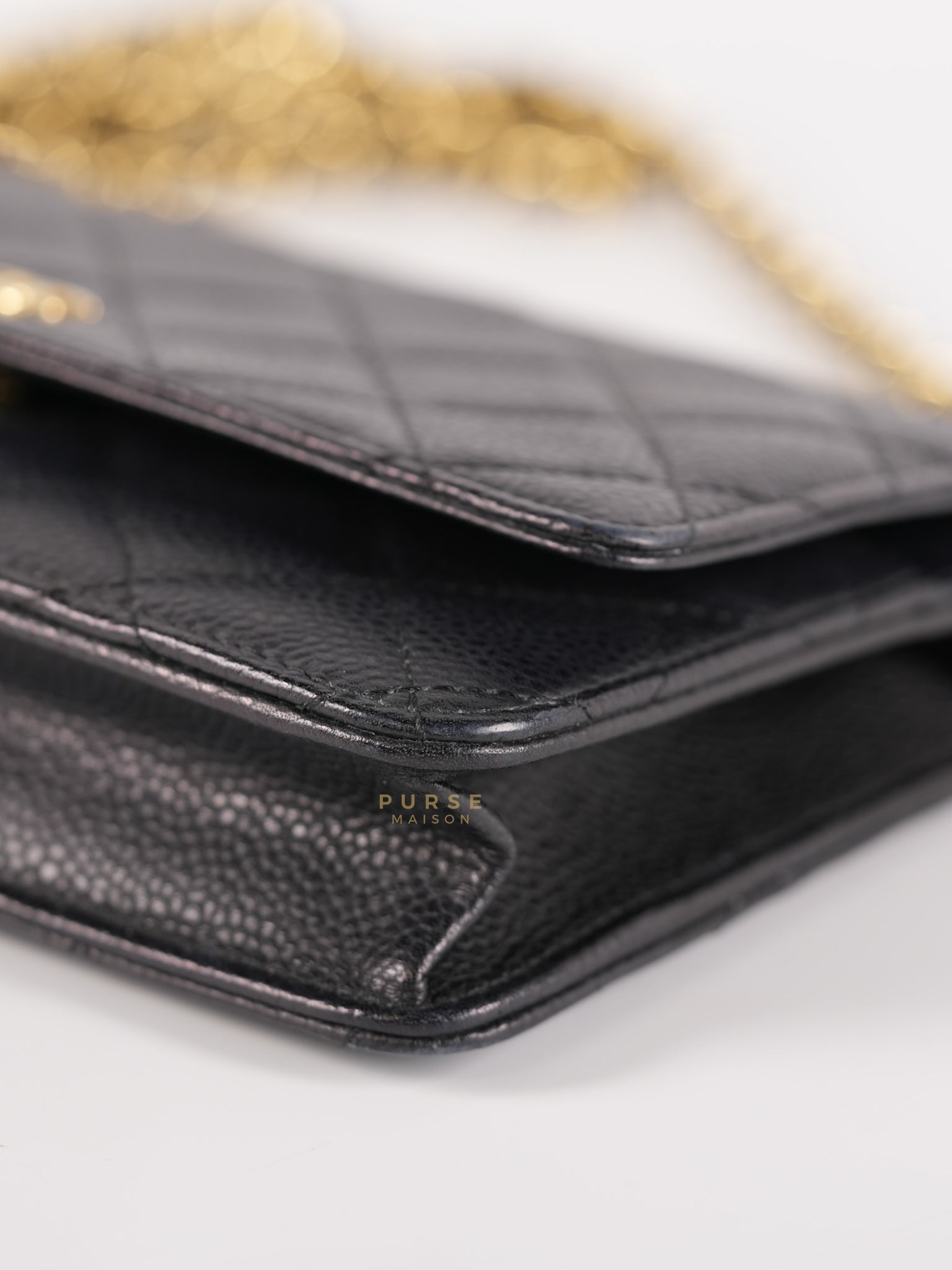 Wallet on Chain in Black Quilted Caviar Leather Gold Hardware Series 28 | Purse Maison Luxury Bags Shop