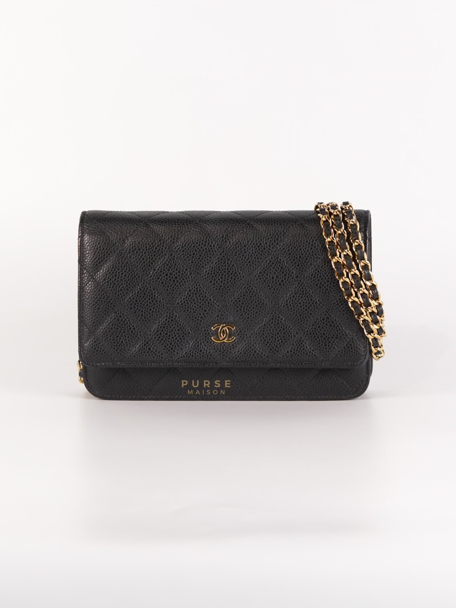 Wallet on Chain in Black Quilted Caviar Leather Gold Hardware Series 28 | Purse Maison Luxury Bags Shop