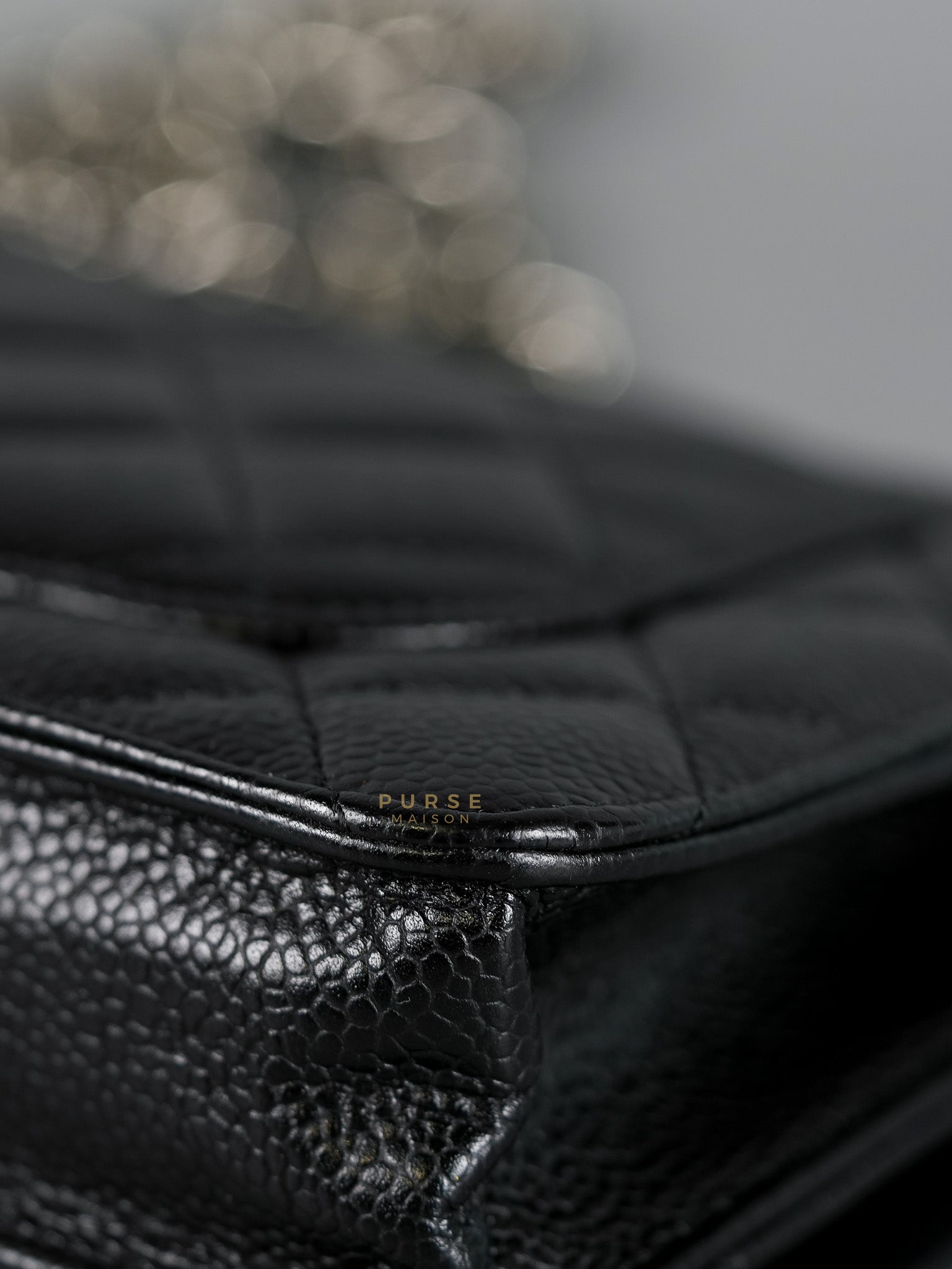 Wallet on Chain in Black Quilted Caviar Leather & Silver Hardware (Microchip) | Purse Maison Luxury Bags Shop