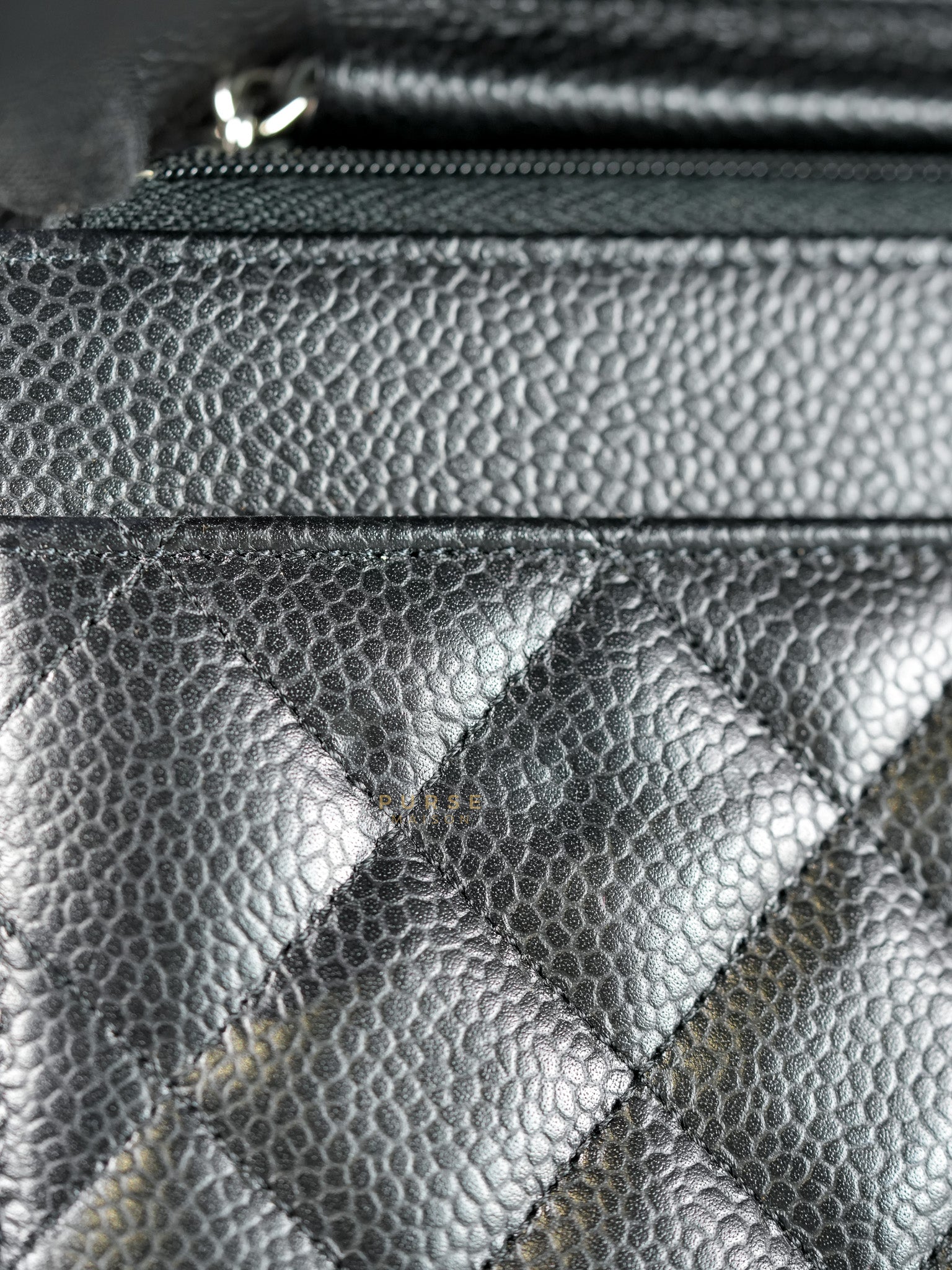 Wallet on Chain in Black Quilted Caviar Leather & Silver Hardware (Microchip) | Purse Maison Luxury Bags Shop