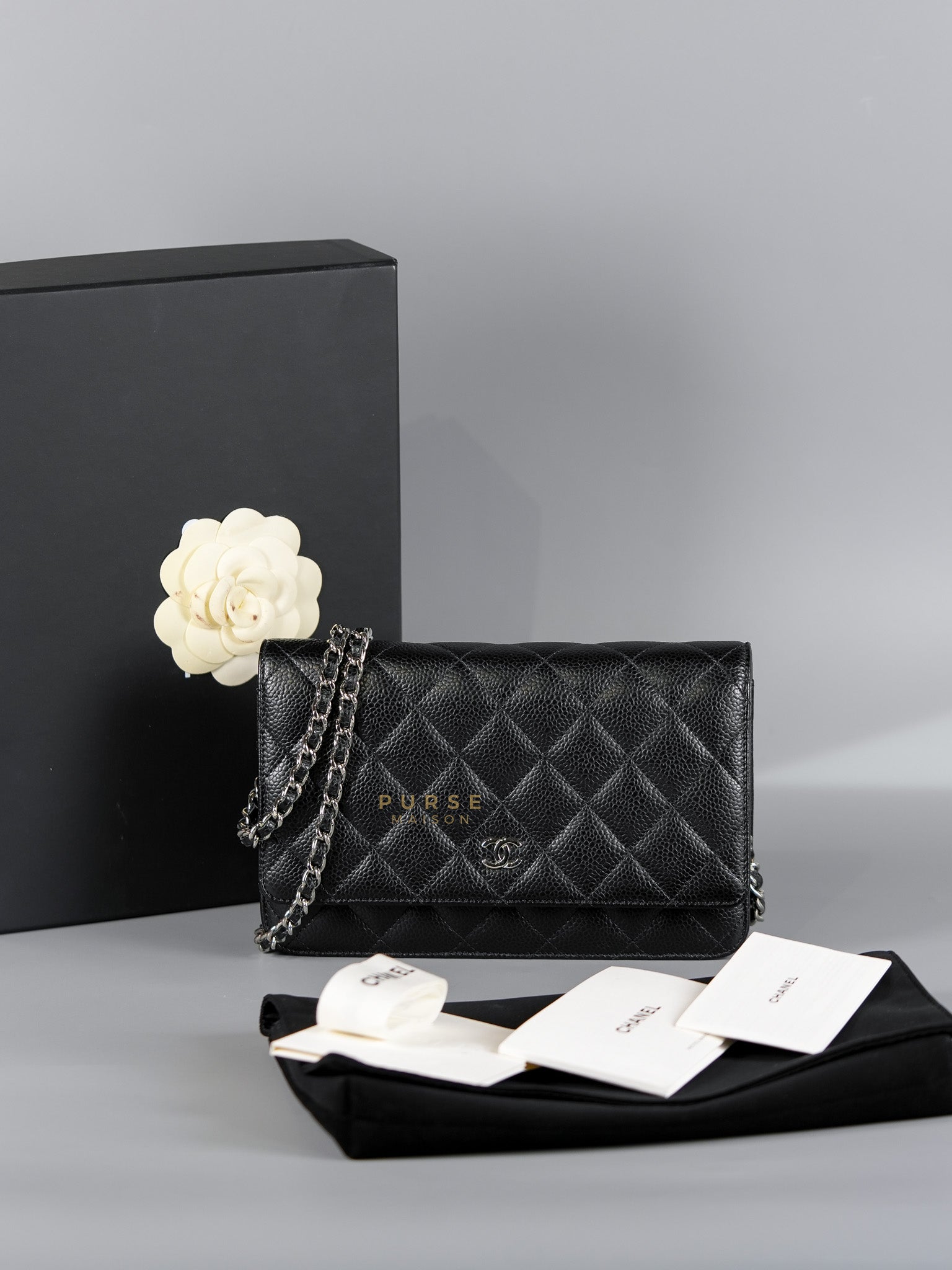 Wallet on Chain in Black Quilted Caviar Leather & Silver Hardware (Microchip) | Purse Maison Luxury Bags Shop