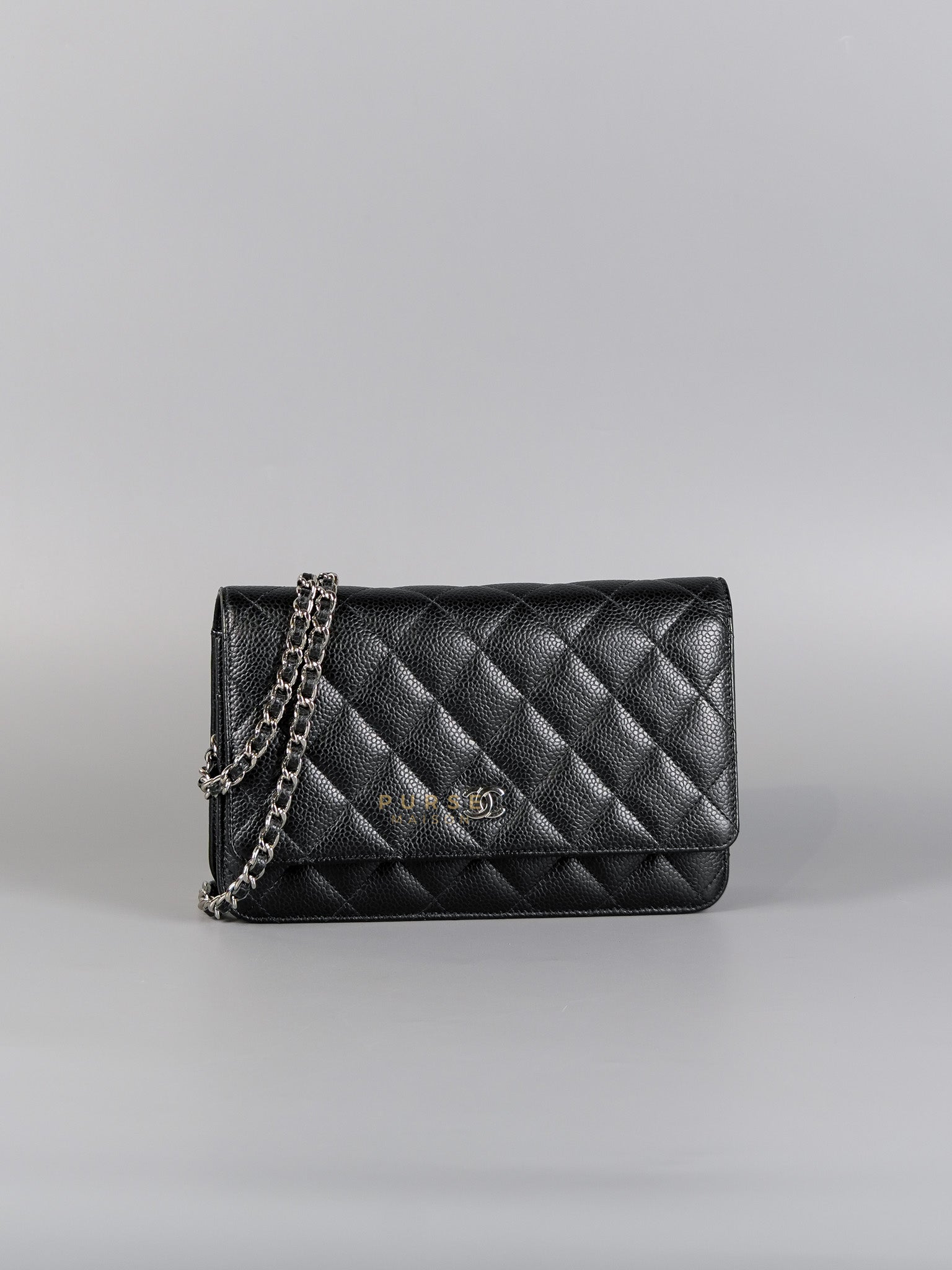 Wallet on Chain in Black Quilted Caviar Leather & Silver Hardware (Microchip) | Purse Maison Luxury Bags Shop