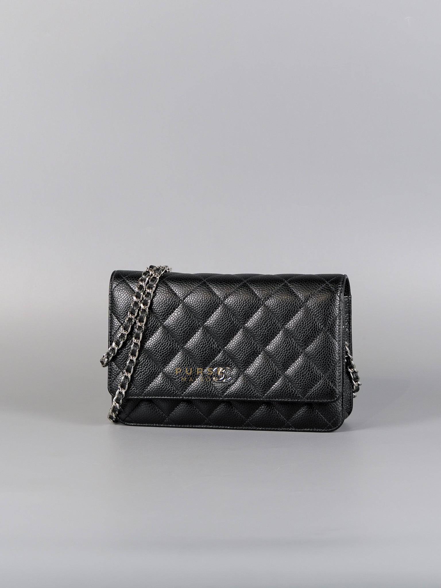 Wallet on Chain in Black Quilted Caviar Leather & Silver Hardware (Microchip) | Purse Maison Luxury Bags Shop