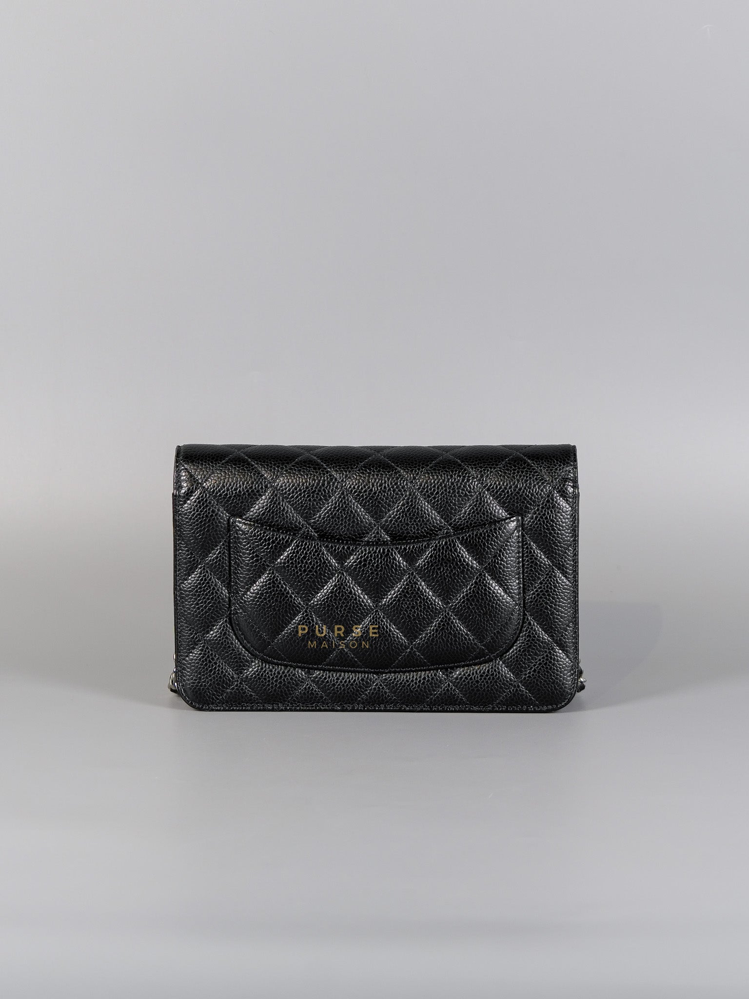 Wallet on Chain in Black Quilted Caviar Leather & Silver Hardware (Microchip) | Purse Maison Luxury Bags Shop