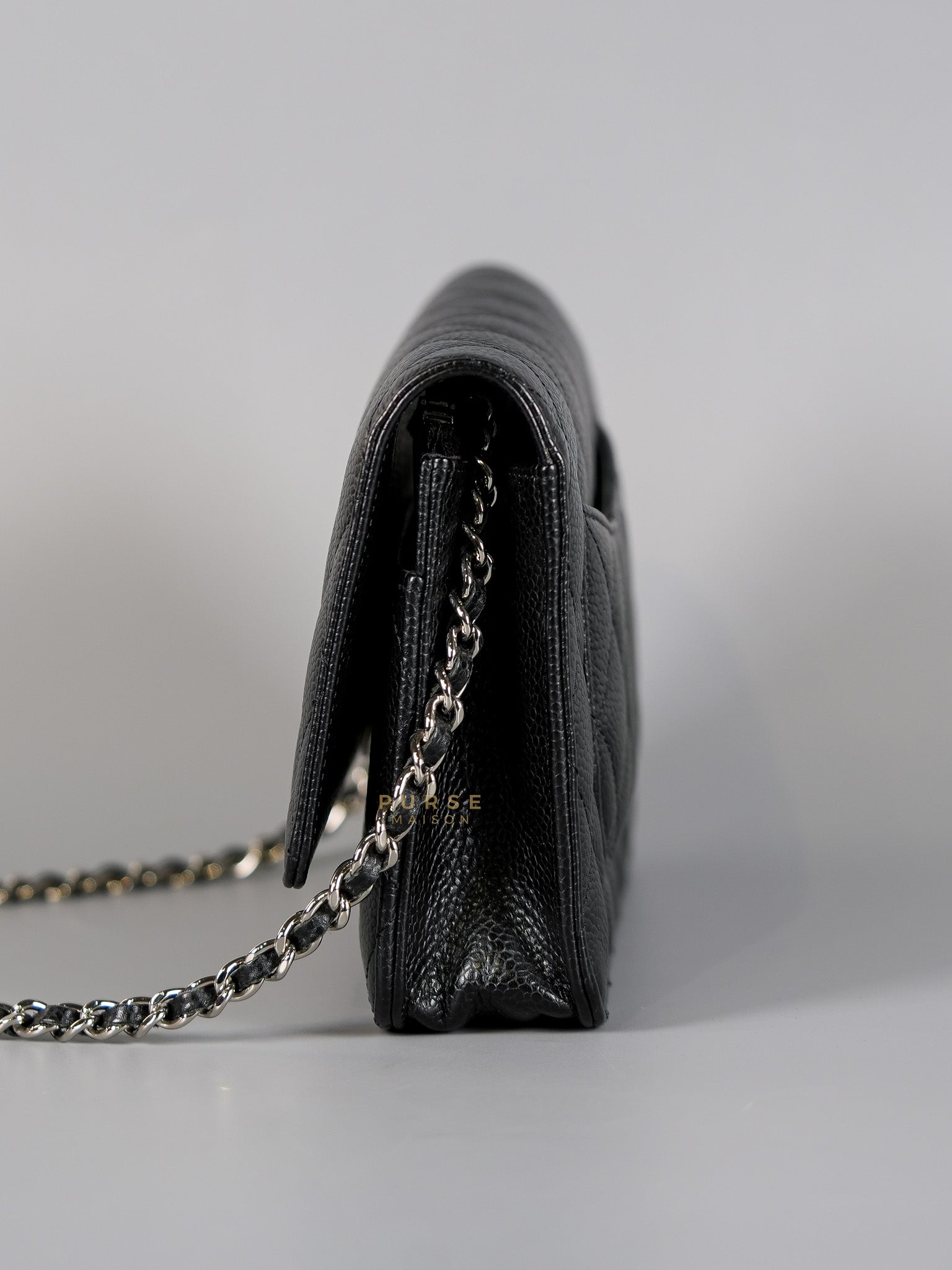 Wallet on Chain in Black Quilted Caviar Leather & Silver Hardware (Microchip) | Purse Maison Luxury Bags Shop