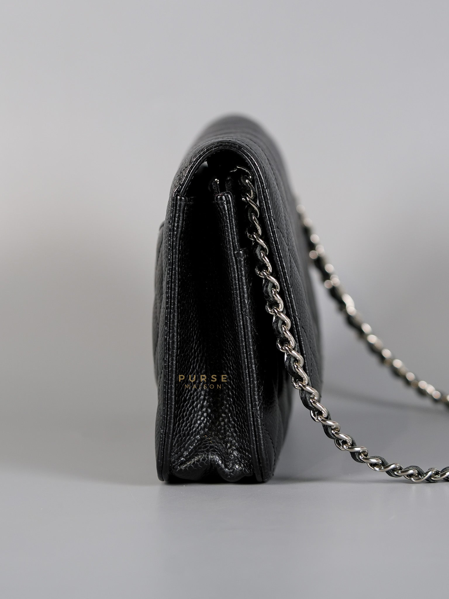 Wallet on Chain in Black Quilted Caviar Leather & Silver Hardware (Microchip) | Purse Maison Luxury Bags Shop