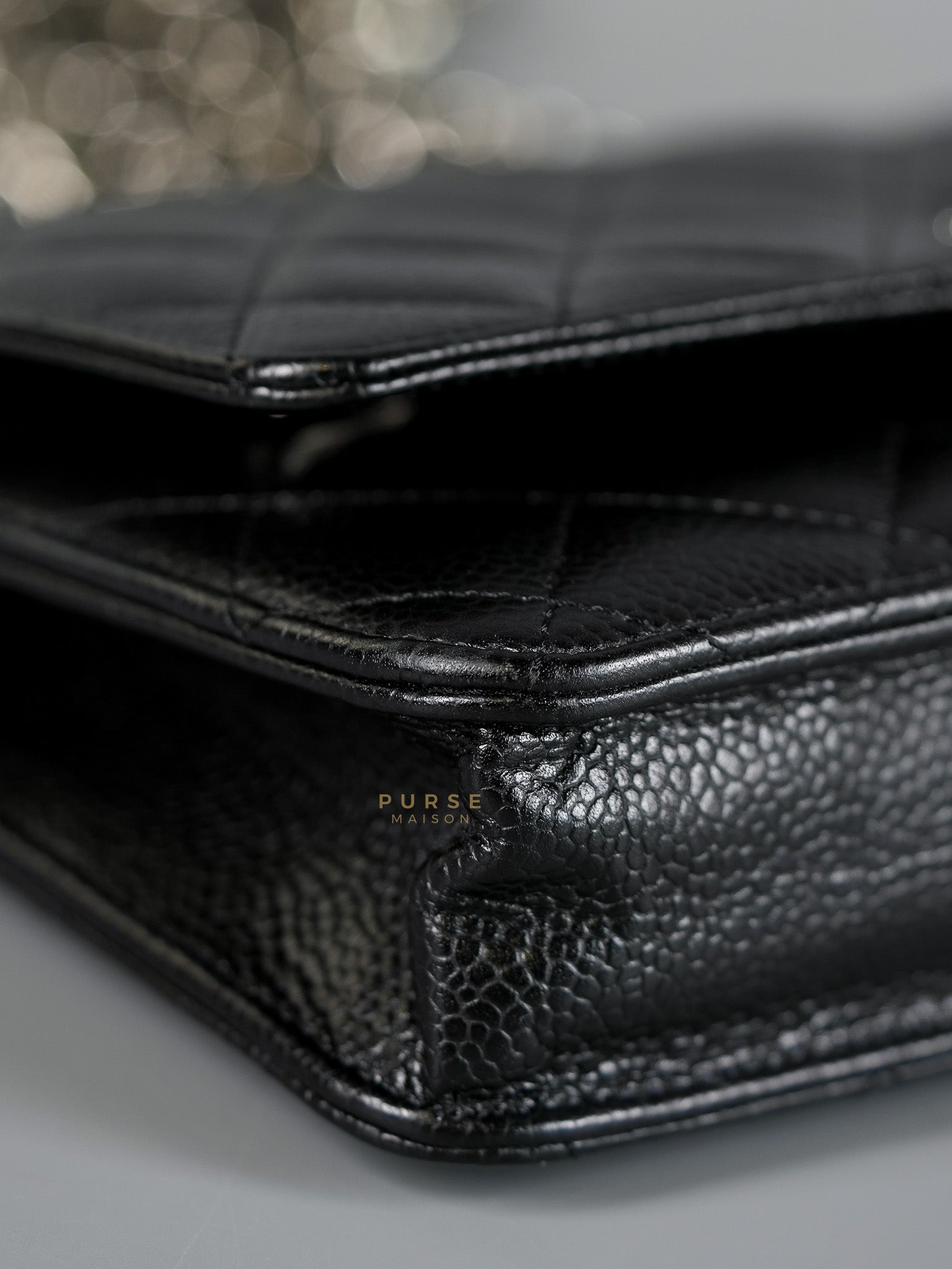 Wallet on Chain in Black Quilted Caviar Leather & Silver Hardware (Microchip) | Purse Maison Luxury Bags Shop