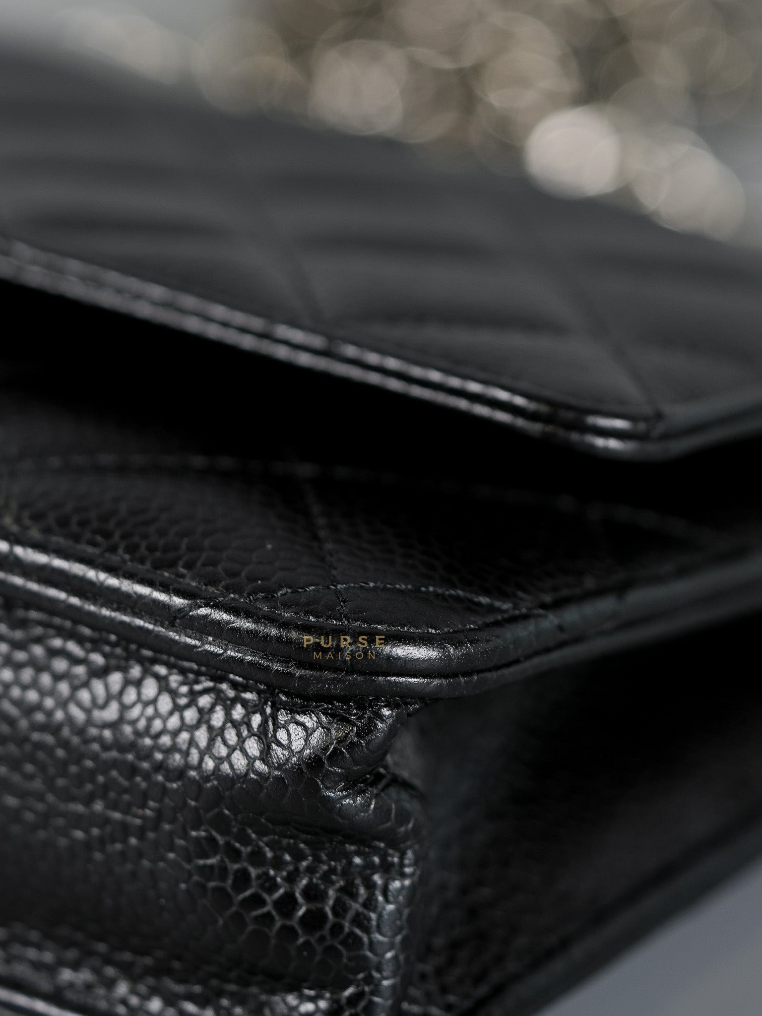 Wallet on Chain in Black Quilted Caviar Leather & Silver Hardware (Microchip) | Purse Maison Luxury Bags Shop
