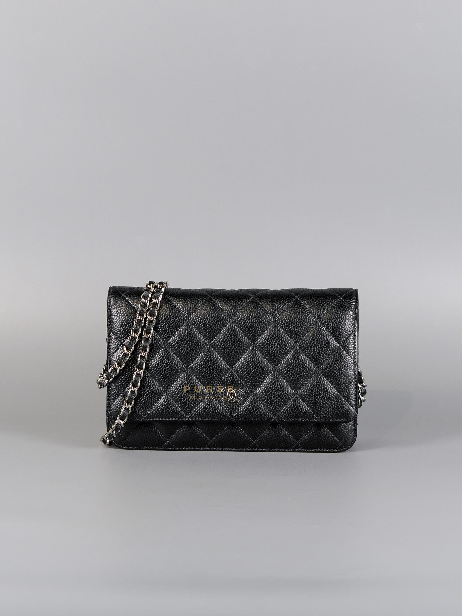 Wallet on Chain in Black Quilted Caviar Leather & Silver Hardware (Microchip) | Purse Maison Luxury Bags Shop