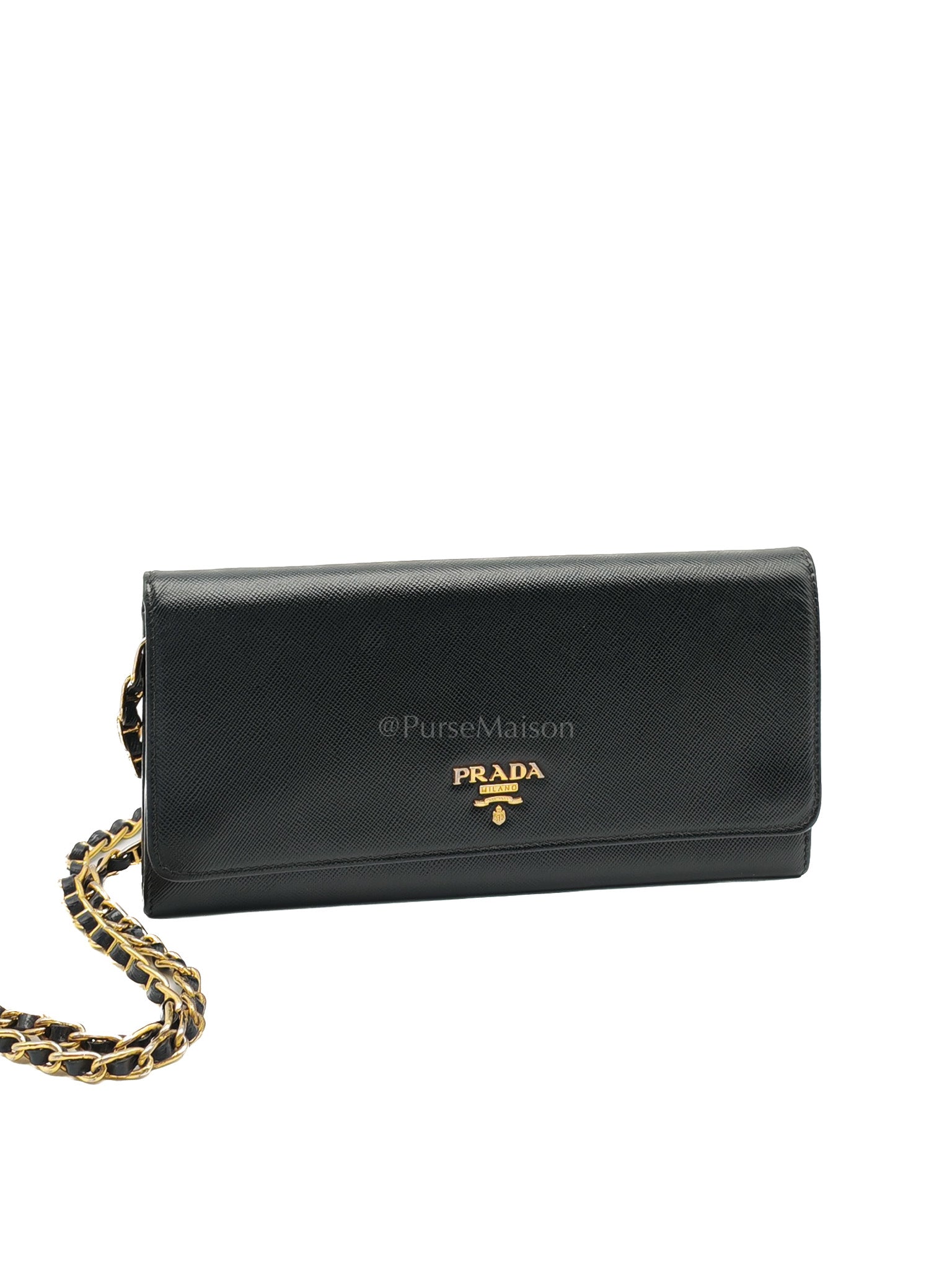 Wallet On Chain in Black Saffiano Leather & Gold Hardware | Purse Maison Luxury Bags Shop