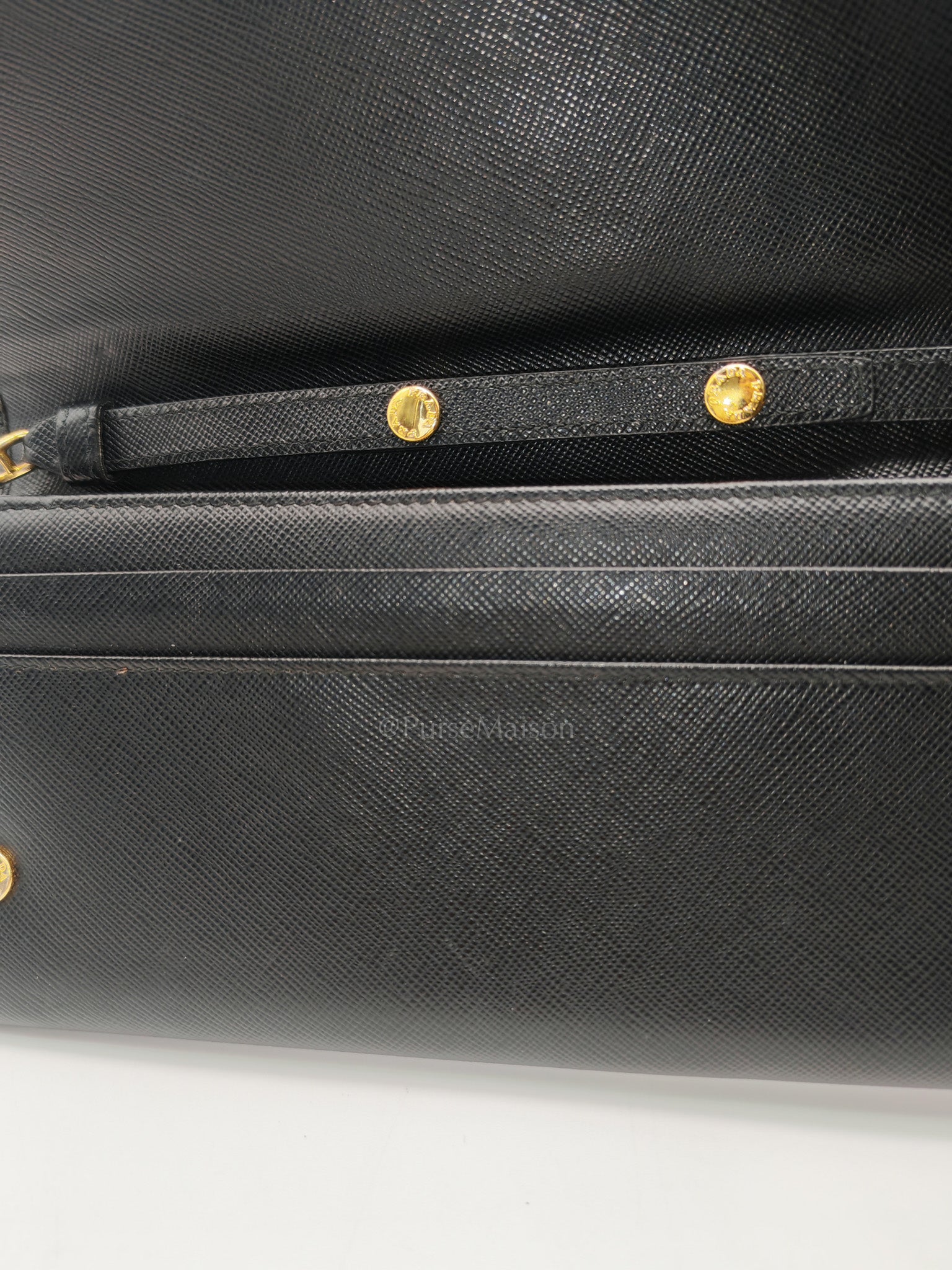 Wallet On Chain in Black Saffiano Leather & Gold Hardware | Purse Maison Luxury Bags Shop