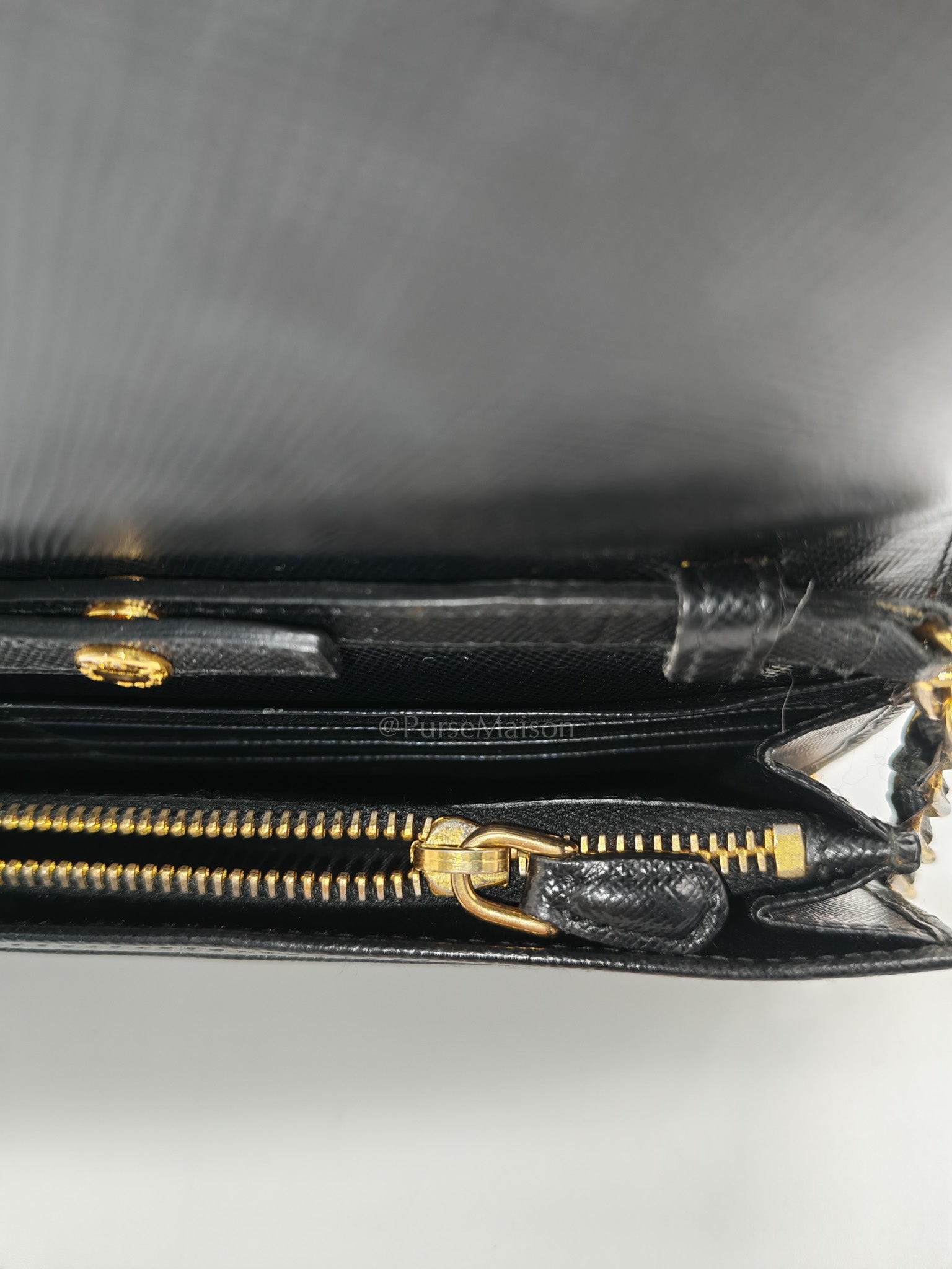 Wallet On Chain in Black Saffiano Leather & Gold Hardware | Purse Maison Luxury Bags Shop