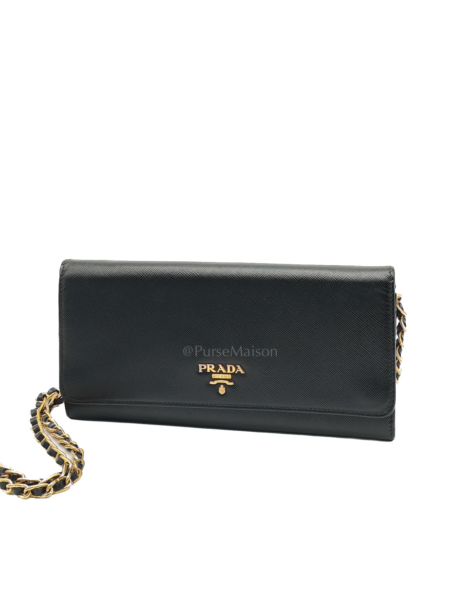 Wallet On Chain in Black Saffiano Leather & Gold Hardware | Purse Maison Luxury Bags Shop