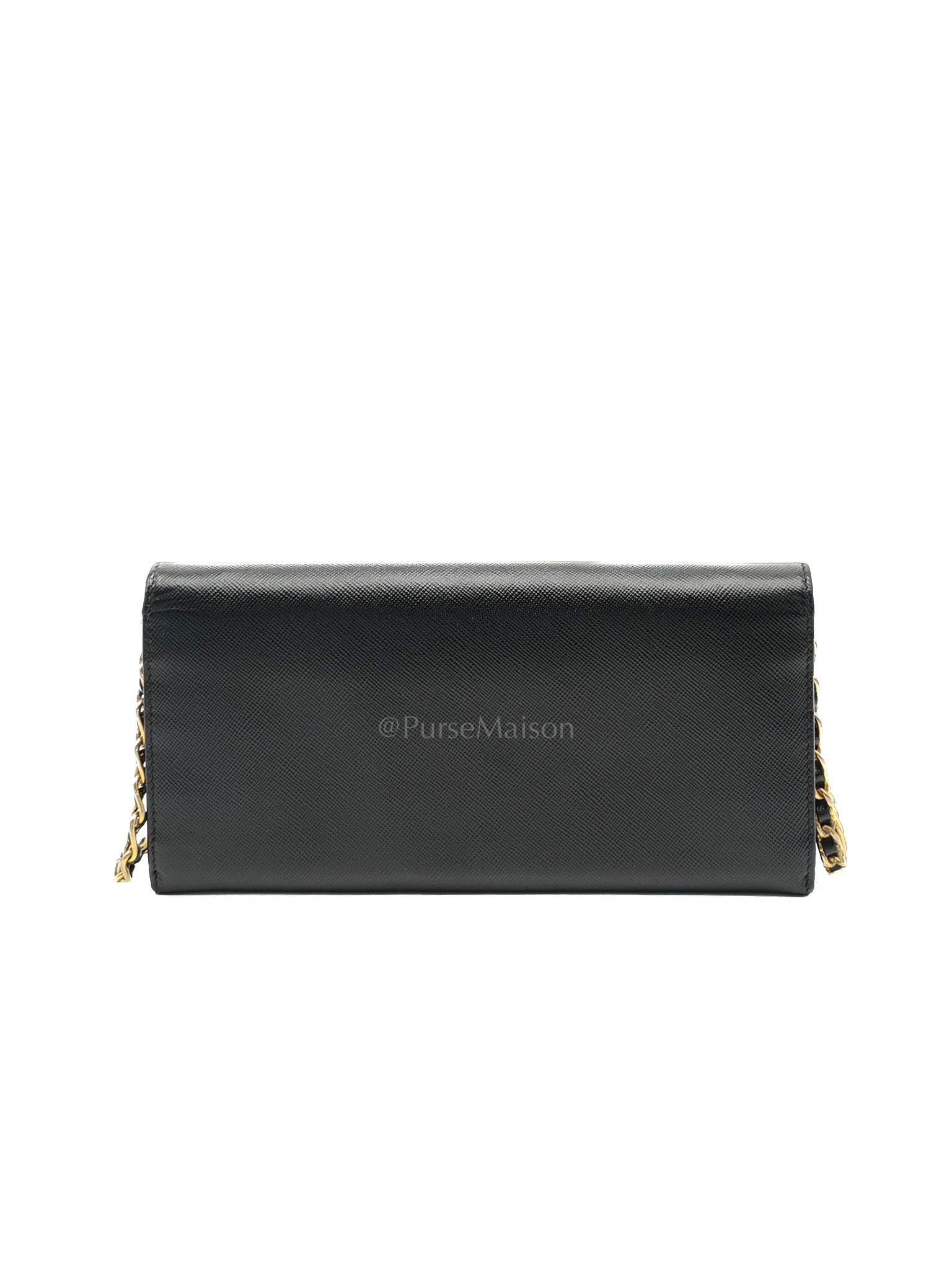 Wallet On Chain in Black Saffiano Leather & Gold Hardware | Purse Maison Luxury Bags Shop