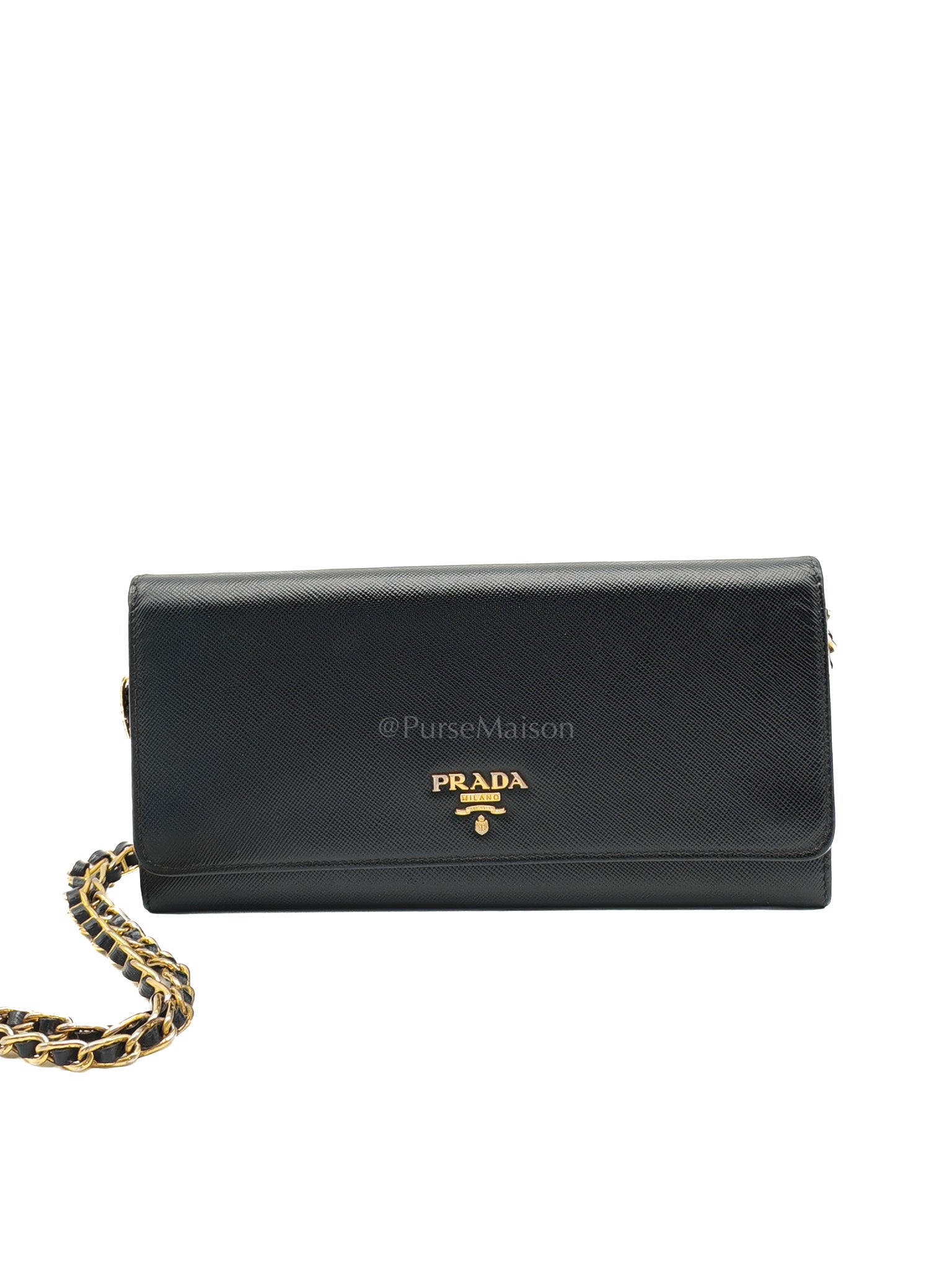 Wallet On Chain in Black Saffiano Leather & Gold Hardware | Purse Maison Luxury Bags Shop