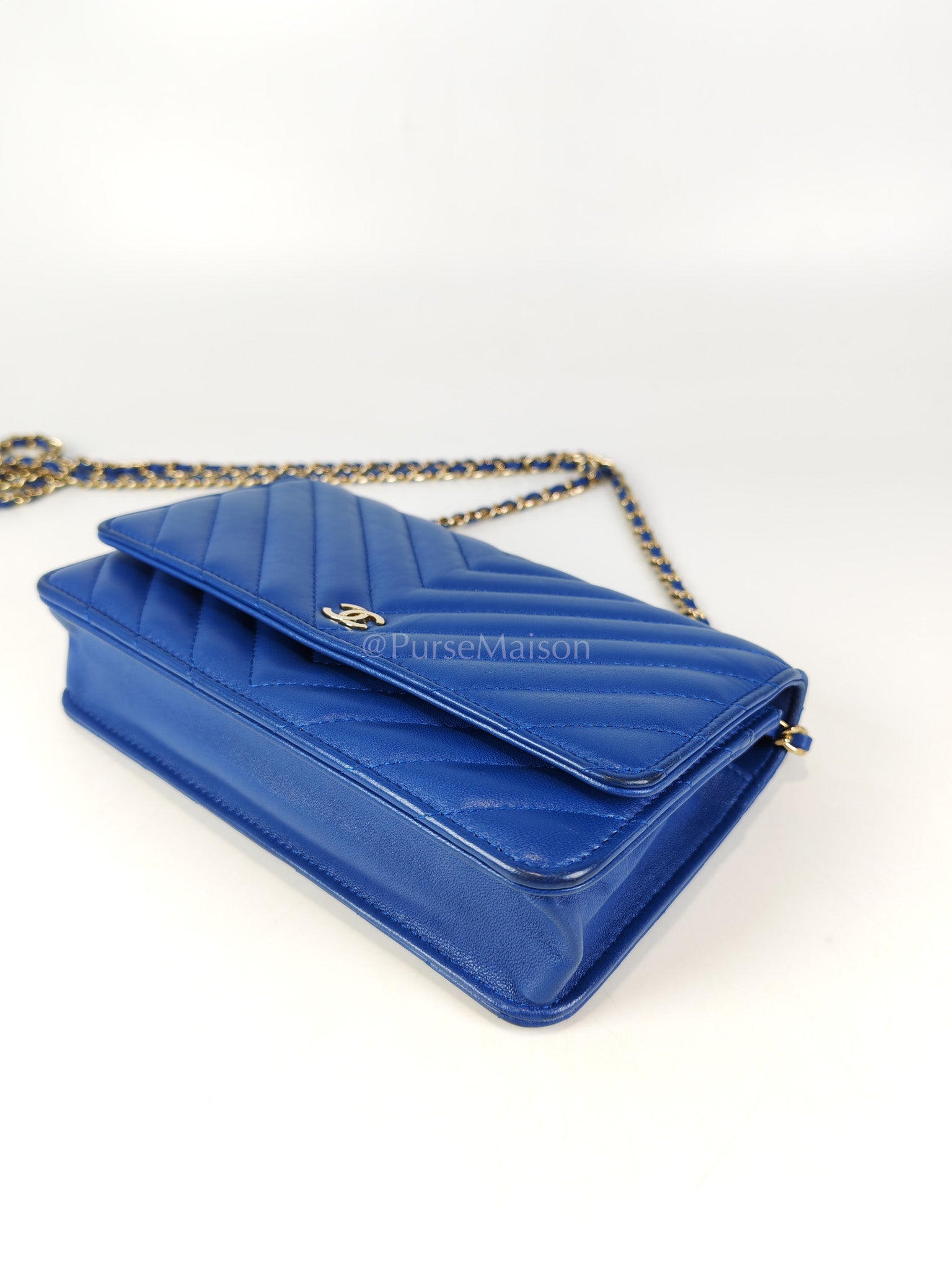 Wallet On Chain in Blue Chevron Lambskin Leather and Light Gold Hardware (Series 27) | Purse Maison Luxury Bags Shop
