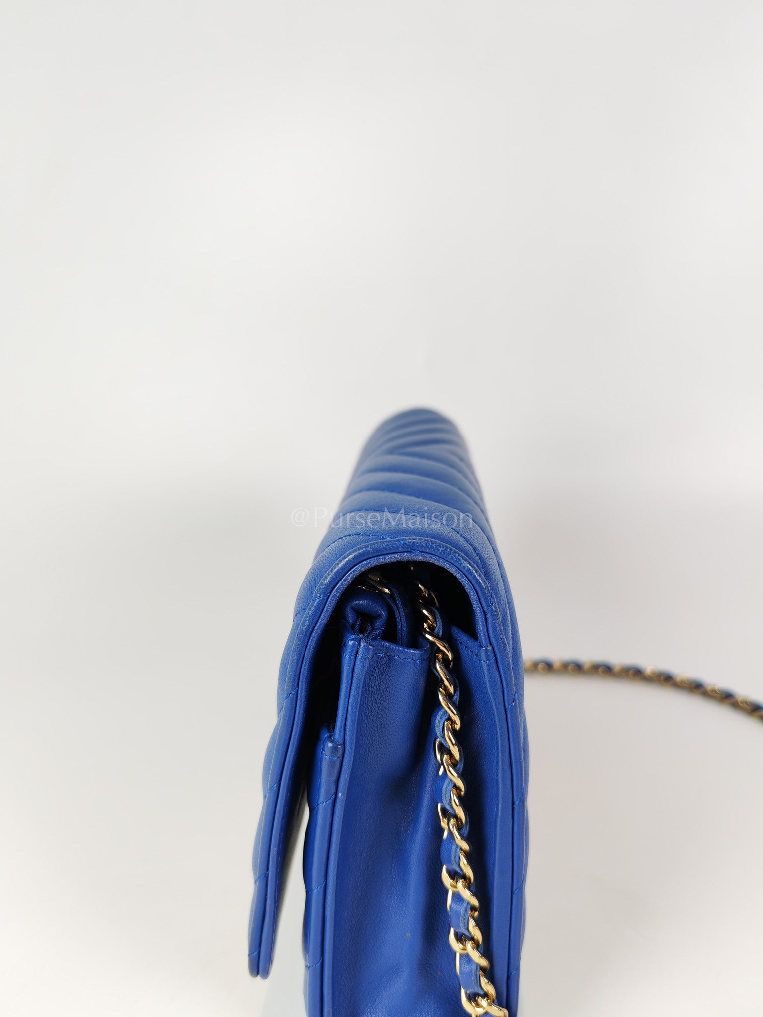 Wallet On Chain in Blue Chevron Lambskin Leather and Light Gold Hardware (Series 27) | Purse Maison Luxury Bags Shop
