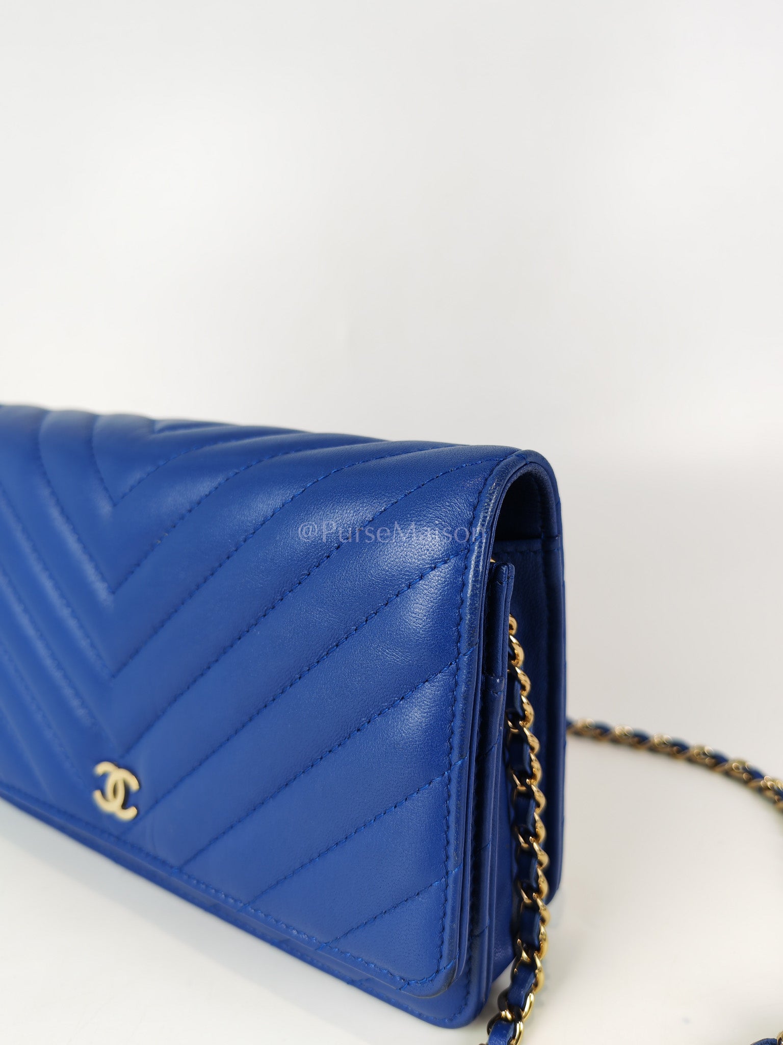 Wallet On Chain in Blue Chevron Lambskin Leather and Light Gold Hardware (Series 27) | Purse Maison Luxury Bags Shop