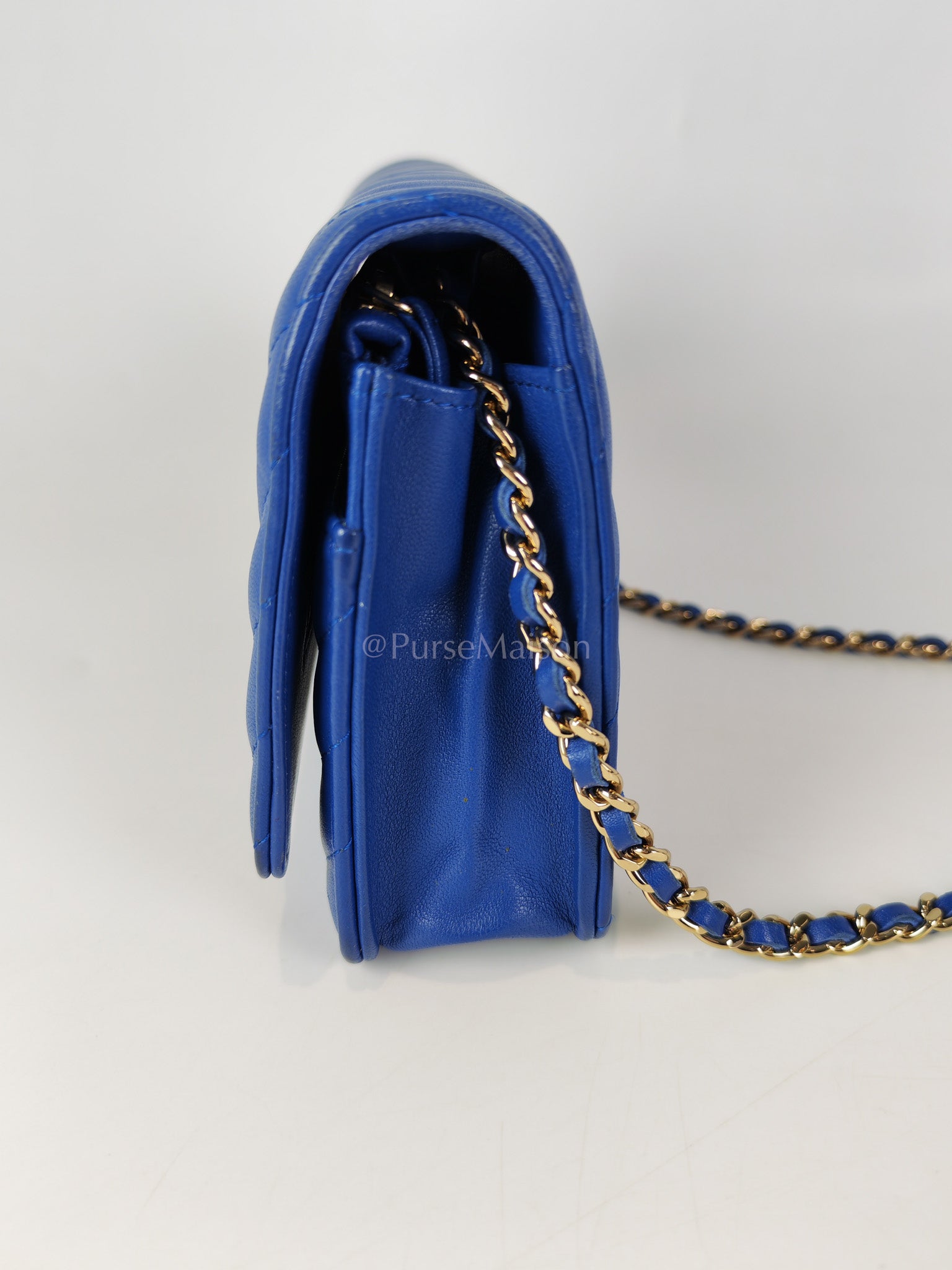 Wallet On Chain in Blue Chevron Lambskin Leather and Light Gold Hardware (Series 27) | Purse Maison Luxury Bags Shop