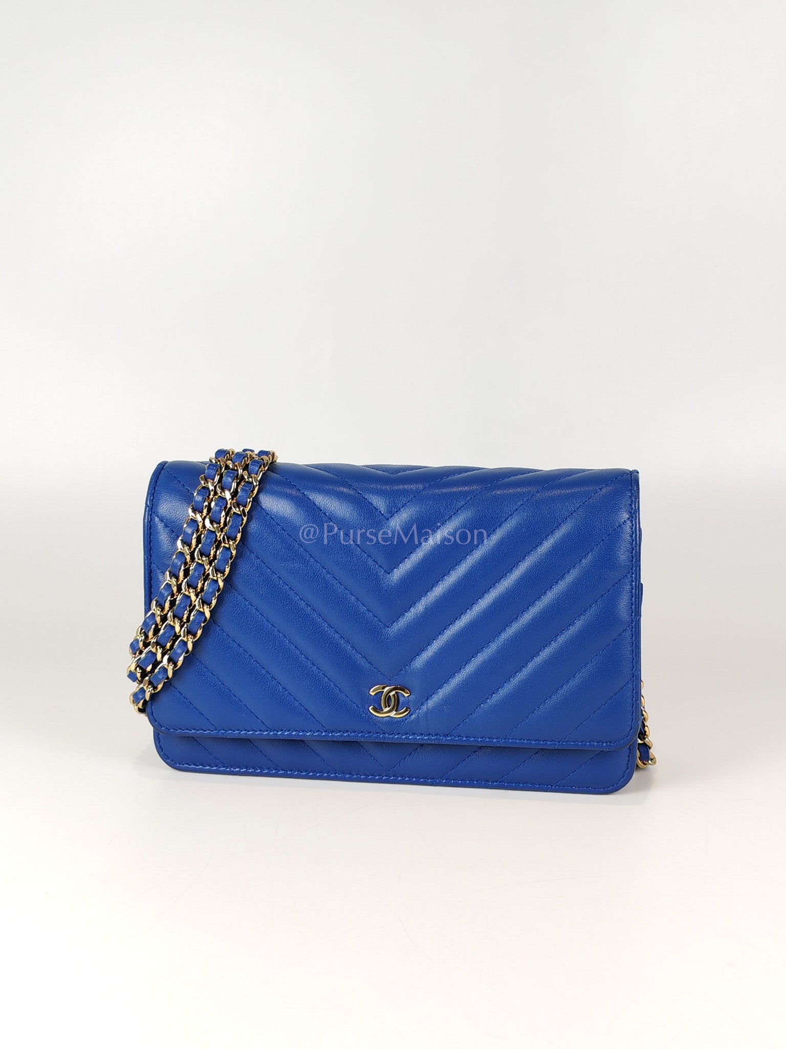 Wallet On Chain in Blue Chevron Lambskin Leather and Light Gold Hardware (Series 27) | Purse Maison Luxury Bags Shop