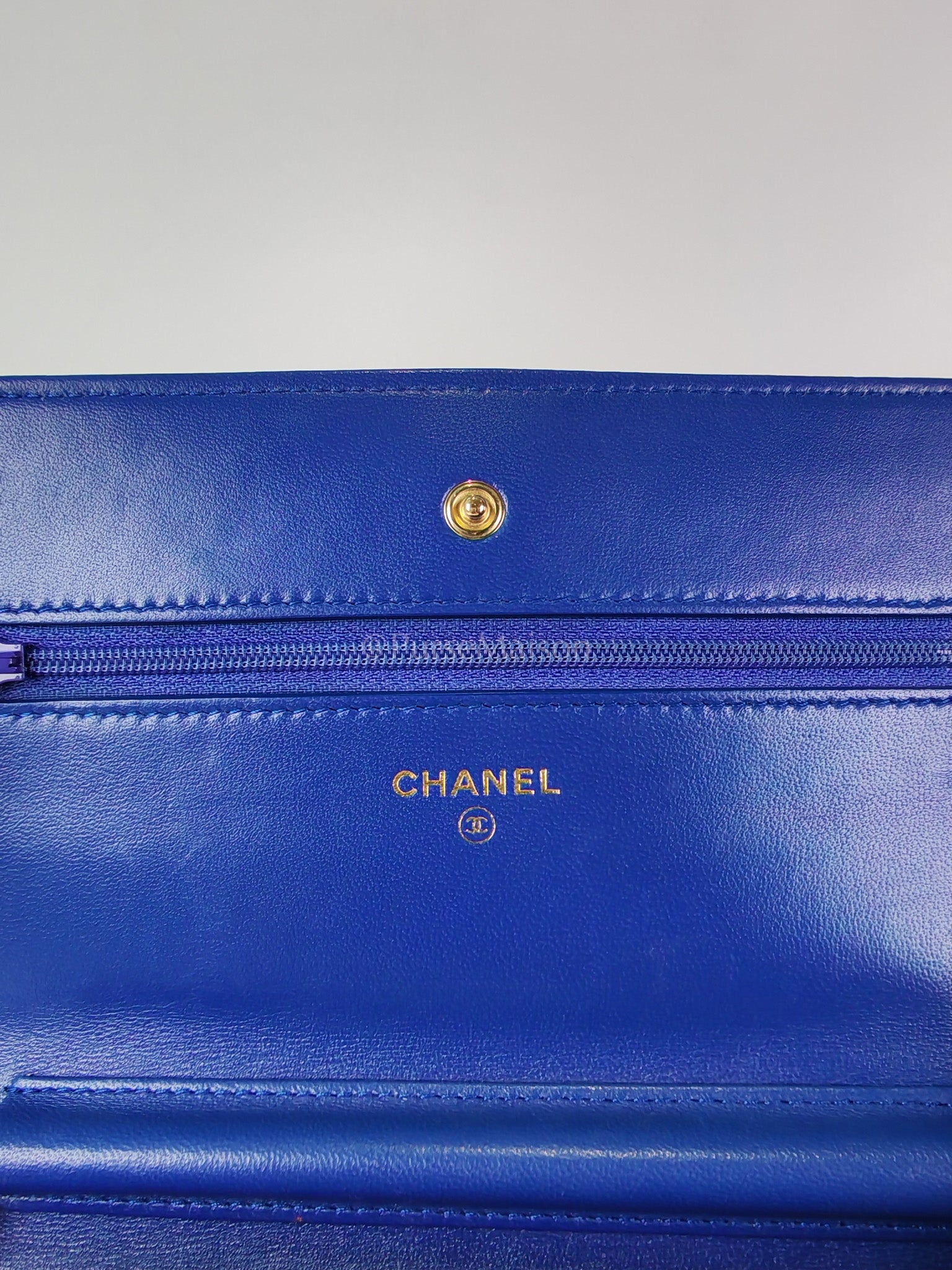 Wallet On Chain in Blue Chevron Lambskin Leather and Light Gold Hardware (Series 27) | Purse Maison Luxury Bags Shop