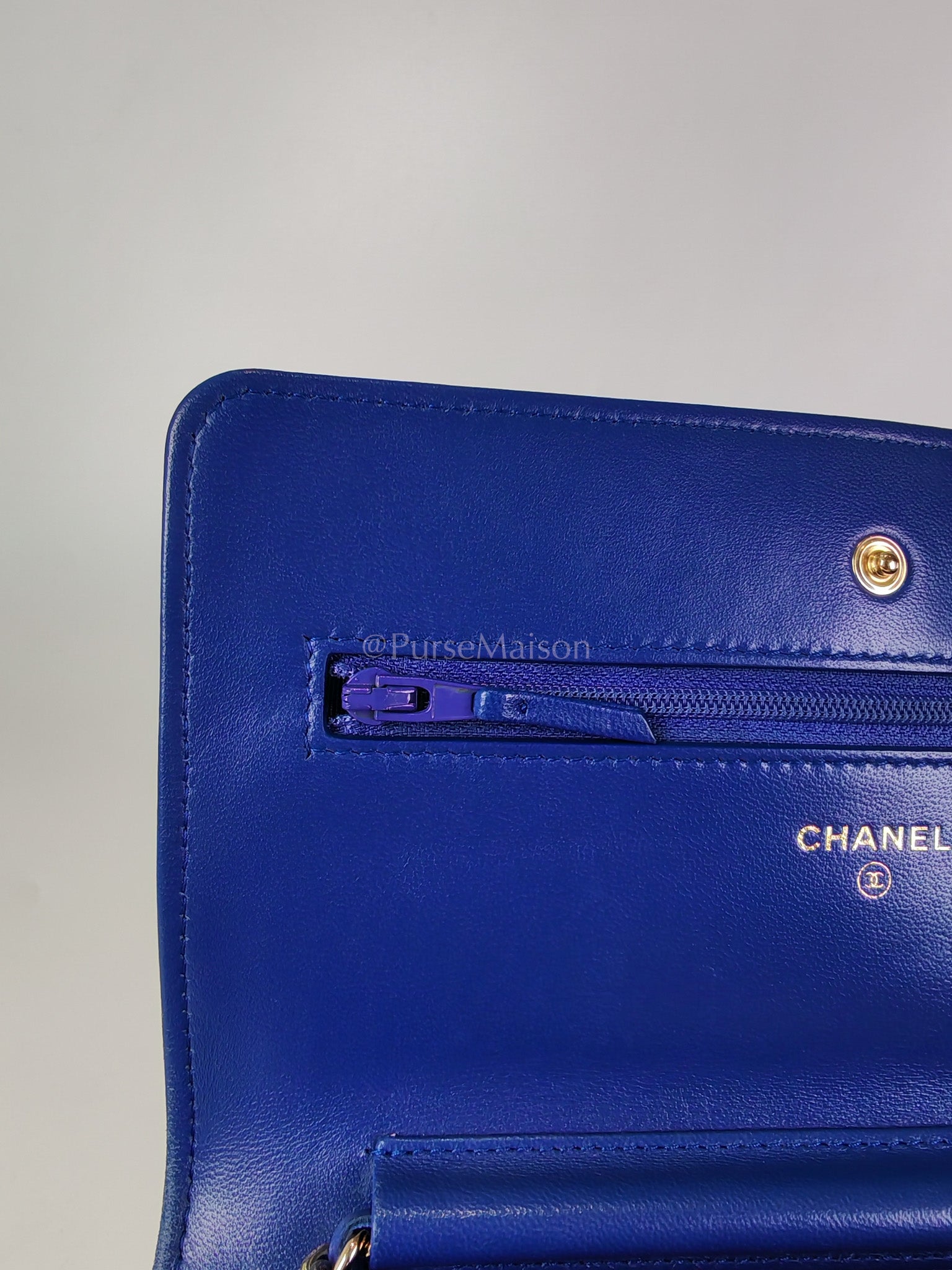 Wallet On Chain in Blue Chevron Lambskin Leather and Light Gold Hardware (Series 27) | Purse Maison Luxury Bags Shop