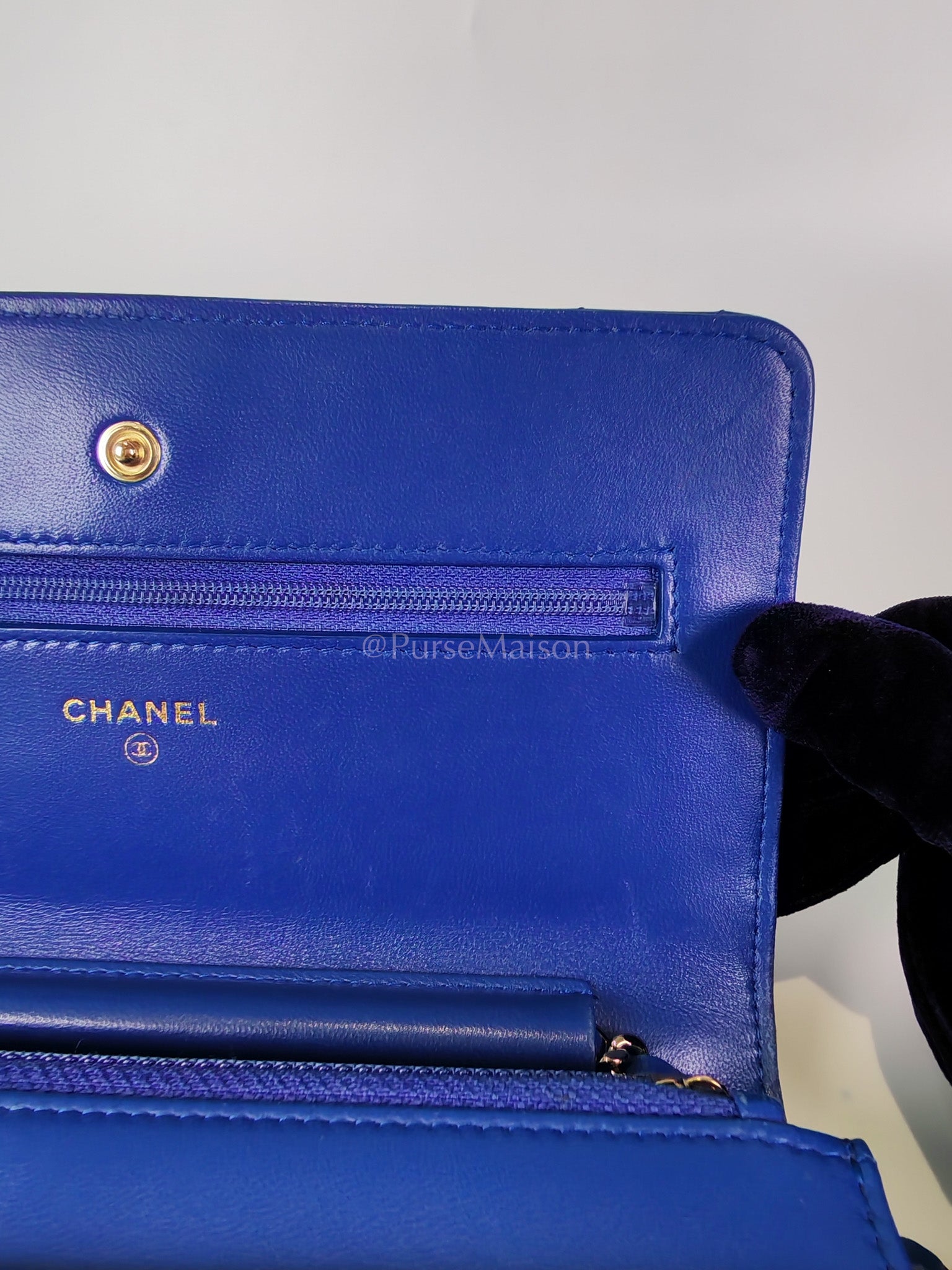 Wallet On Chain in Blue Chevron Lambskin Leather and Light Gold Hardware (Series 27) | Purse Maison Luxury Bags Shop