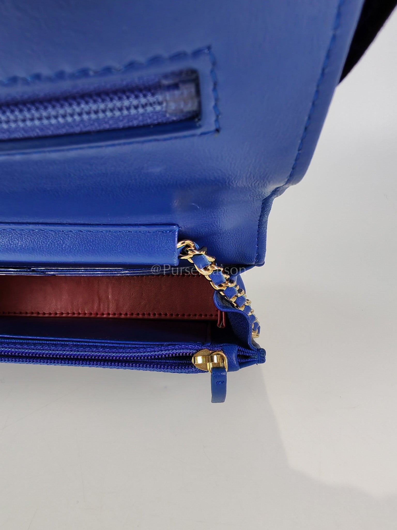 Wallet On Chain in Blue Chevron Lambskin Leather and Light Gold Hardware (Series 27) | Purse Maison Luxury Bags Shop