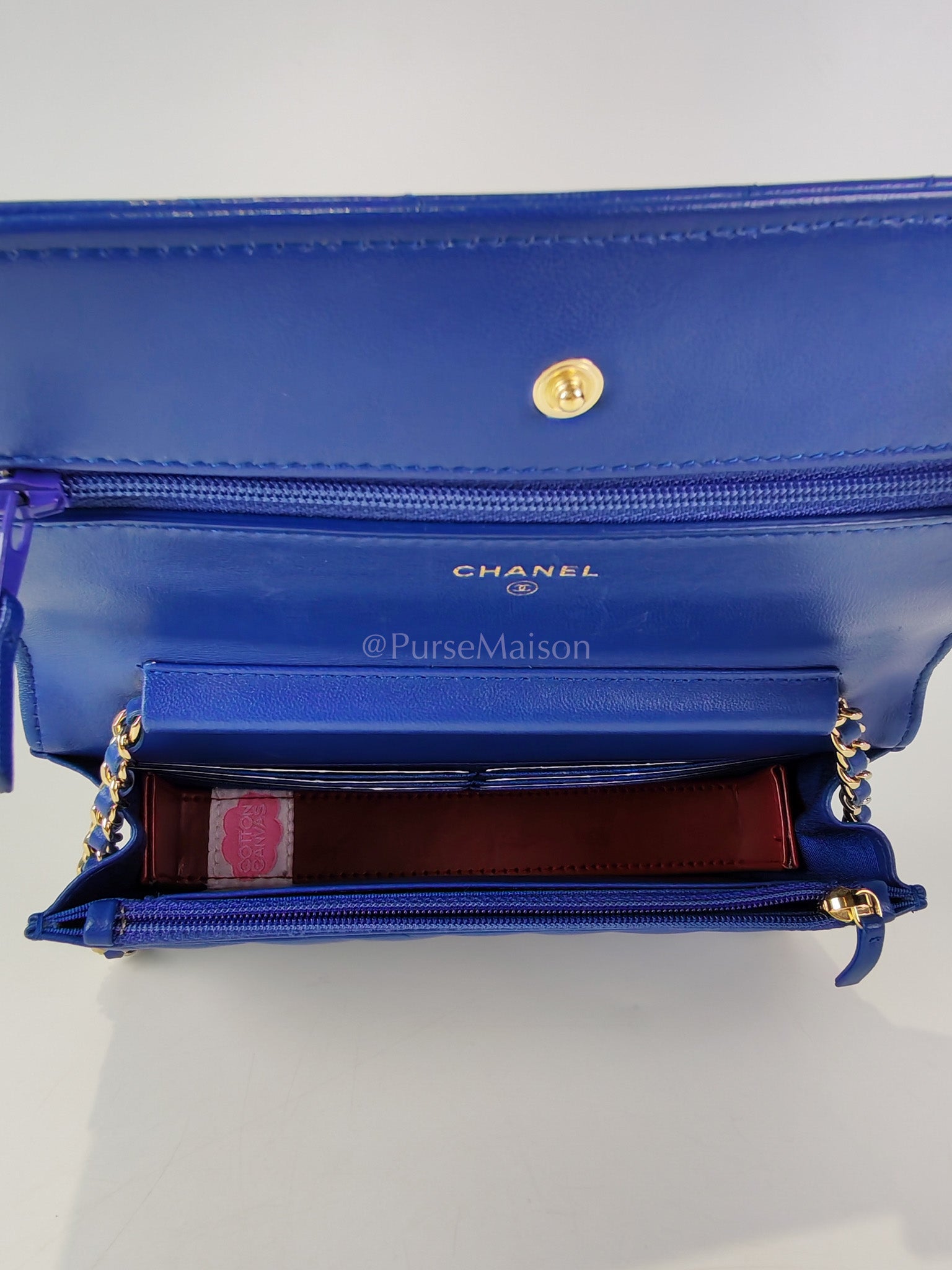 Wallet On Chain in Blue Chevron Lambskin Leather and Light Gold Hardware (Series 27) | Purse Maison Luxury Bags Shop