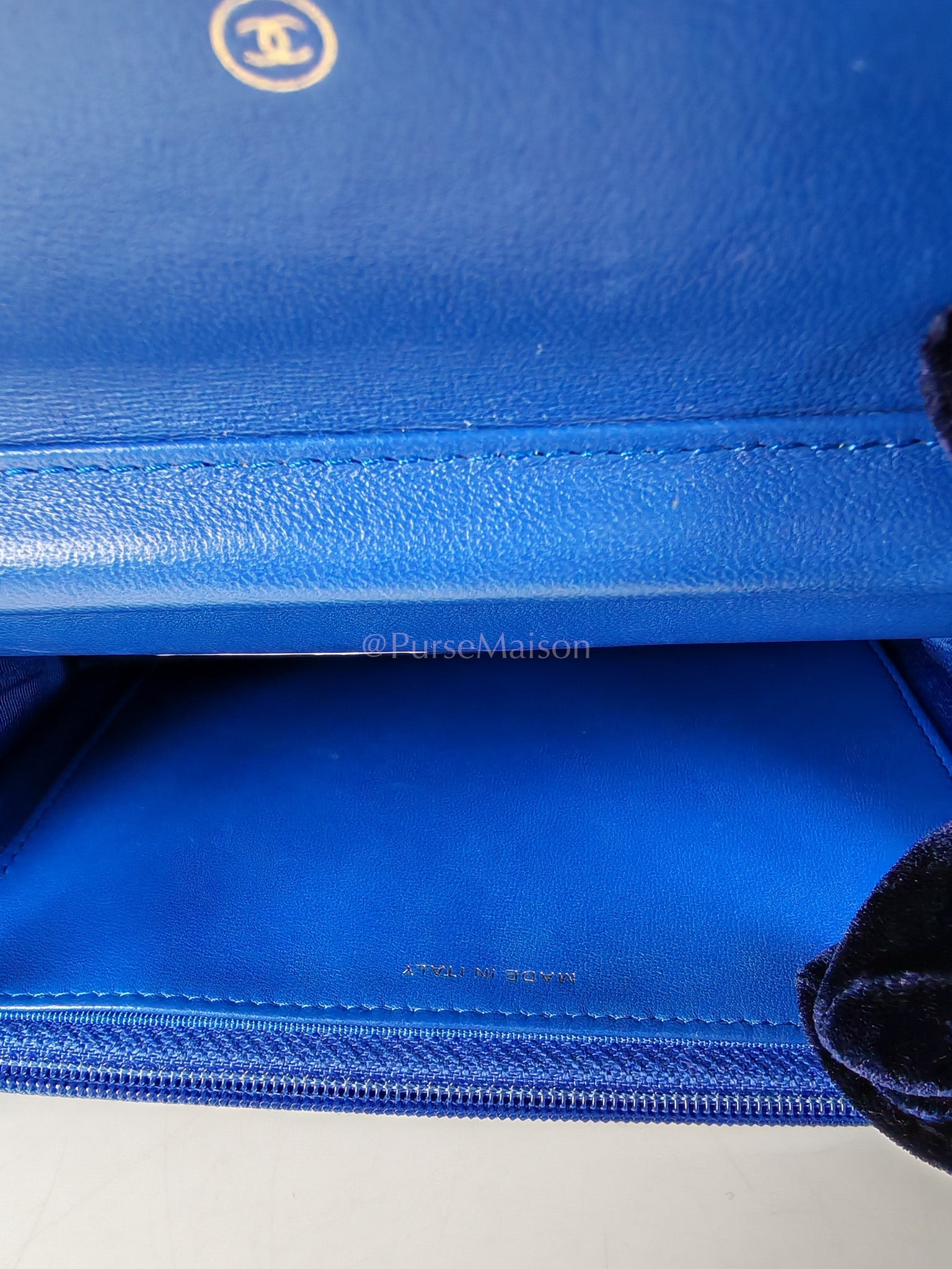 Wallet On Chain in Blue Chevron Lambskin Leather and Light Gold Hardware (Series 27) | Purse Maison Luxury Bags Shop