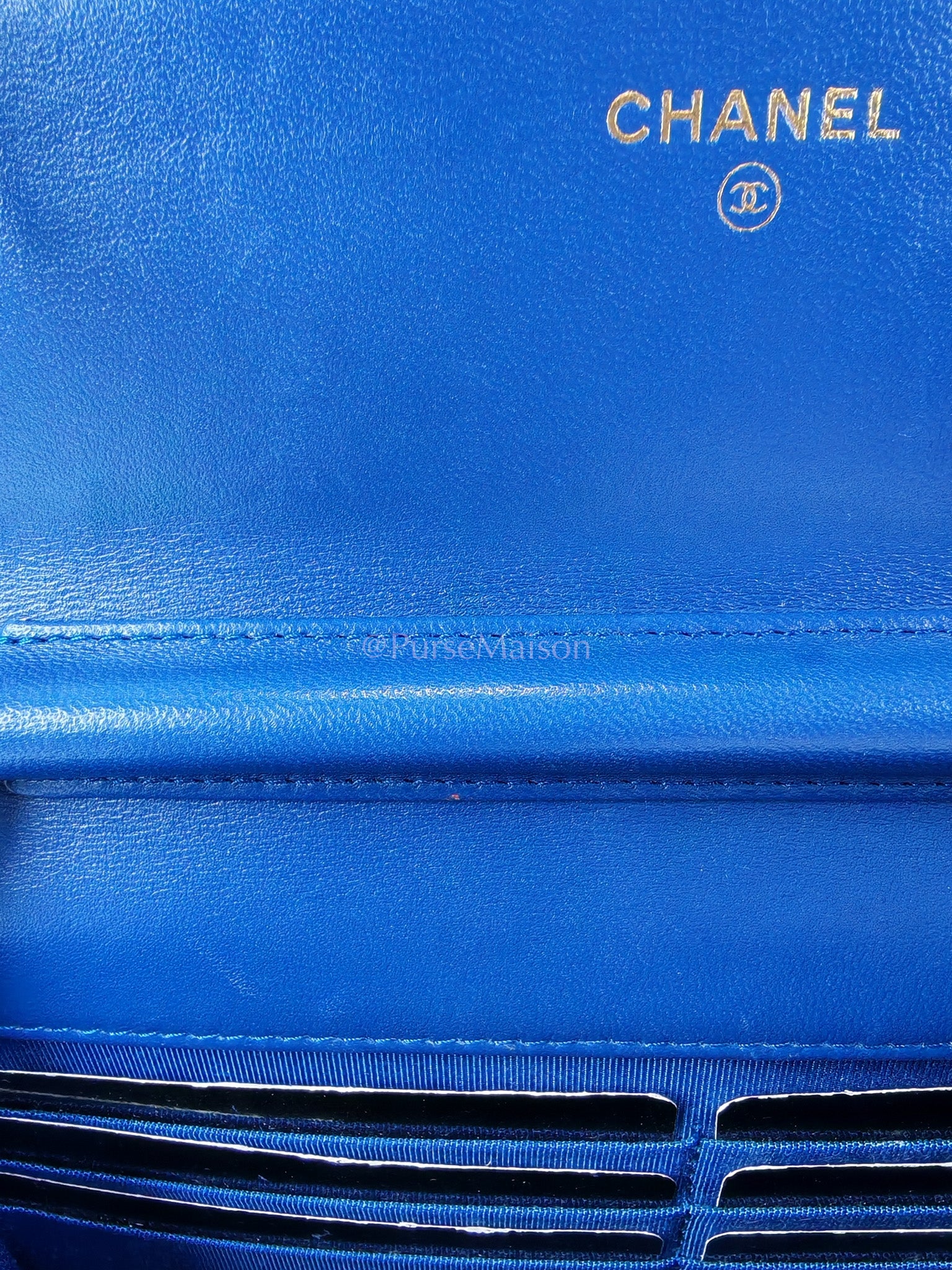 Wallet On Chain in Blue Chevron Lambskin Leather and Light Gold Hardware (Series 27) | Purse Maison Luxury Bags Shop
