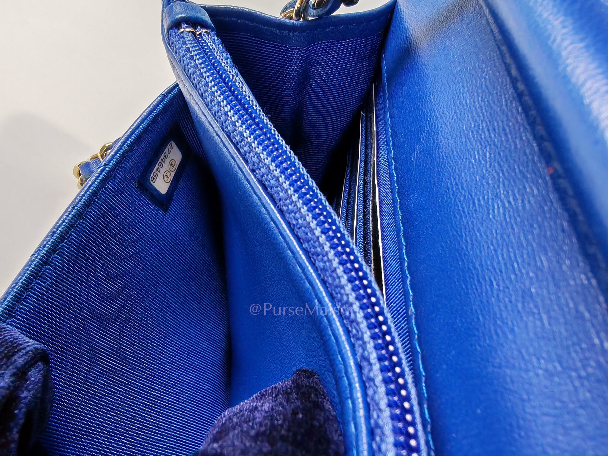 Wallet On Chain in Blue Chevron Lambskin Leather and Light Gold Hardware (Series 27) | Purse Maison Luxury Bags Shop