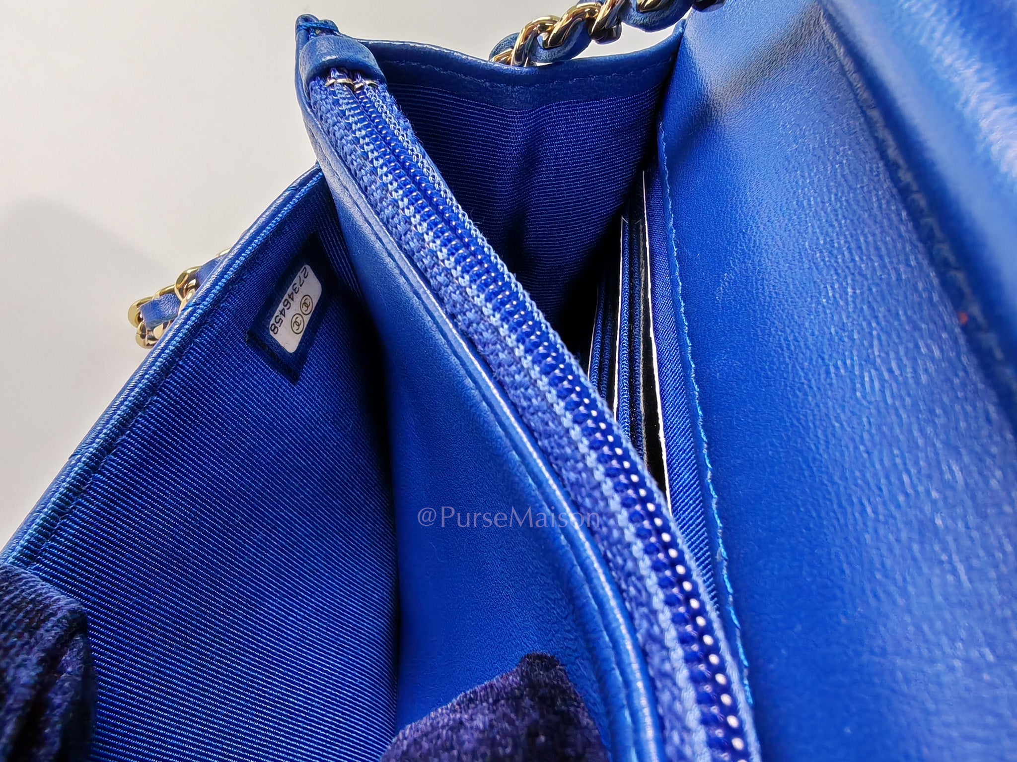 Wallet On Chain in Blue Chevron Lambskin Leather and Light Gold Hardware (Series 27) | Purse Maison Luxury Bags Shop