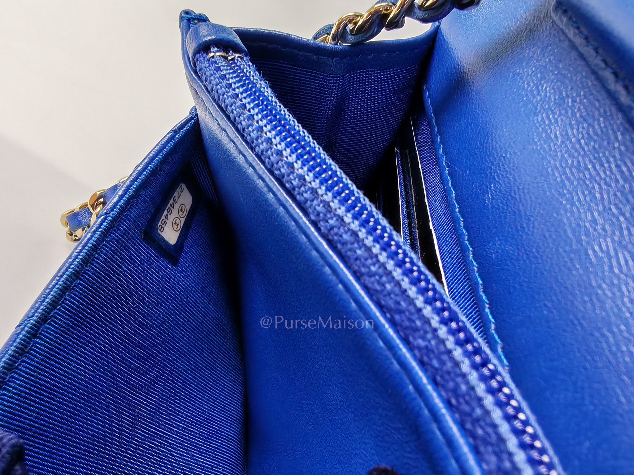 Wallet On Chain in Blue Chevron Lambskin Leather and Light Gold Hardware (Series 27) | Purse Maison Luxury Bags Shop