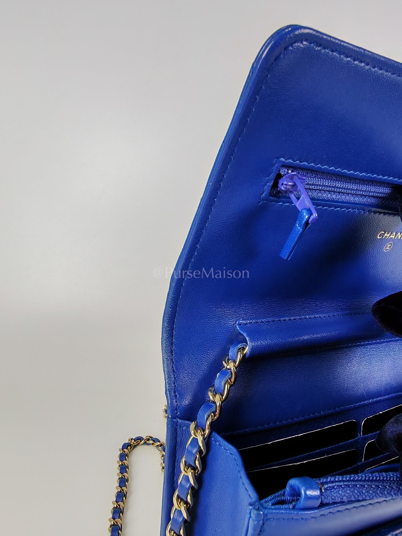 Wallet On Chain in Blue Chevron Lambskin Leather and Light Gold Hardware (Series 27) | Purse Maison Luxury Bags Shop