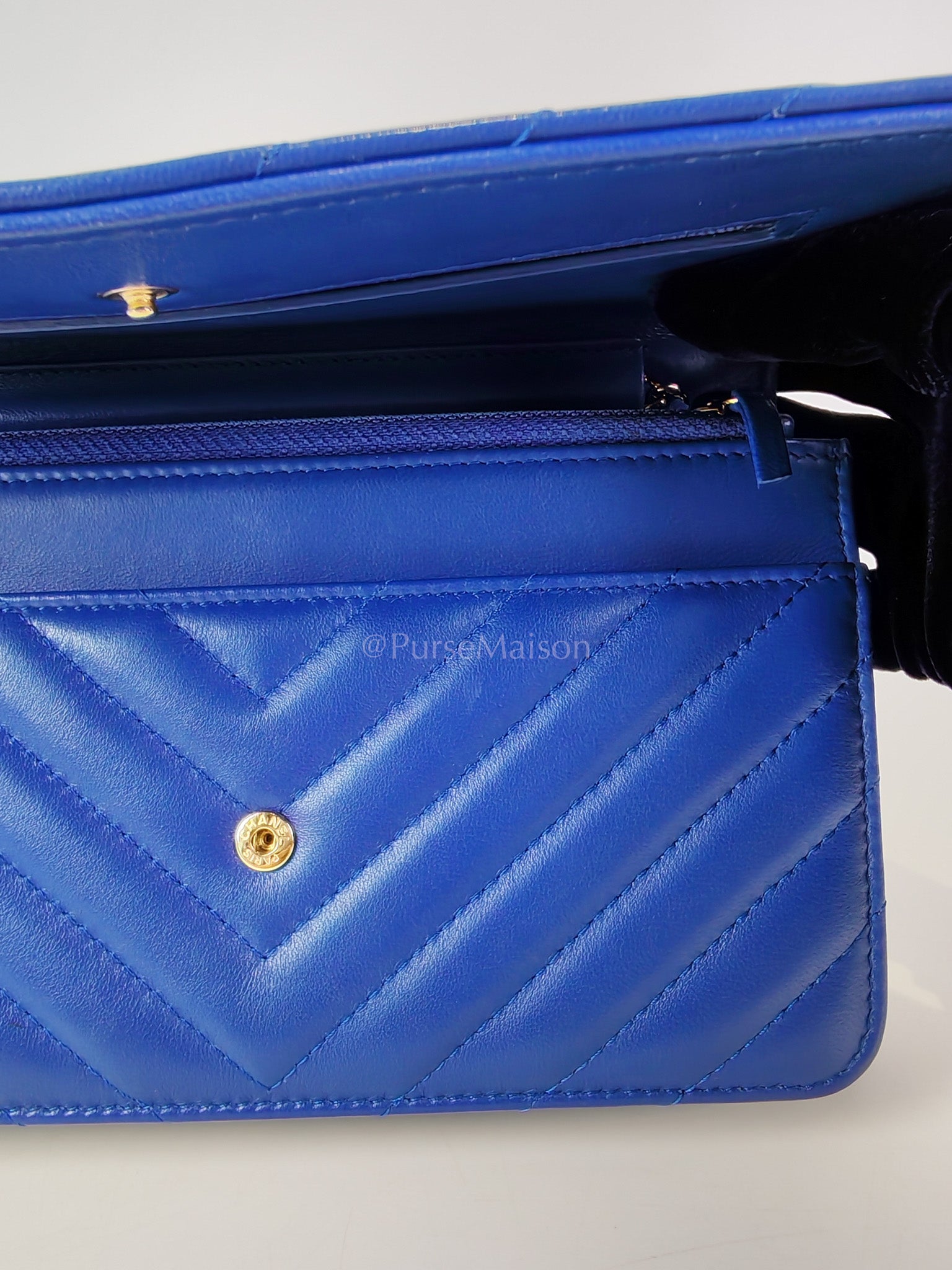 Wallet On Chain in Blue Chevron Lambskin Leather and Light Gold Hardware (Series 27) | Purse Maison Luxury Bags Shop