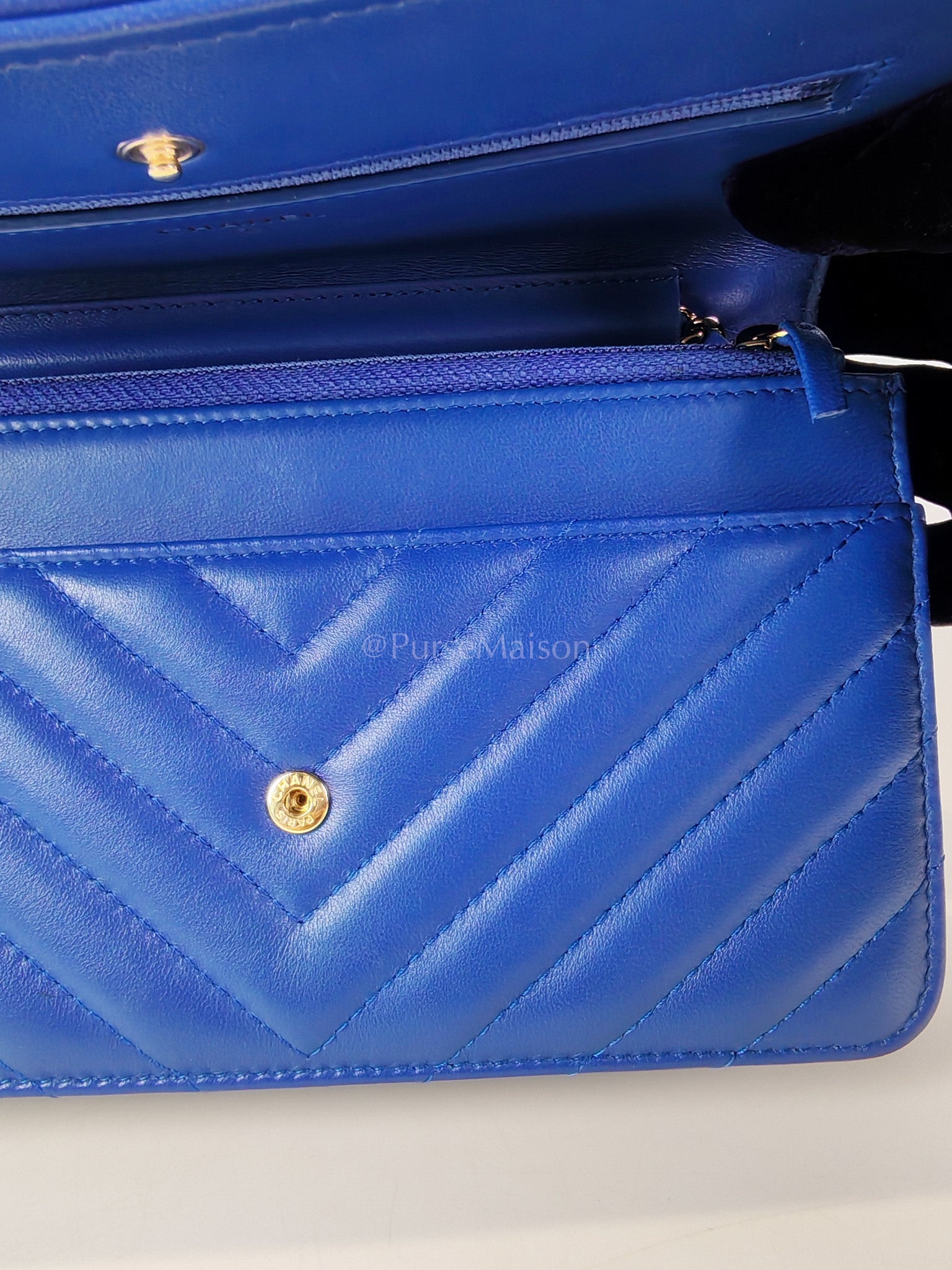 Wallet On Chain in Blue Chevron Lambskin Leather and Light Gold Hardware (Series 27) | Purse Maison Luxury Bags Shop