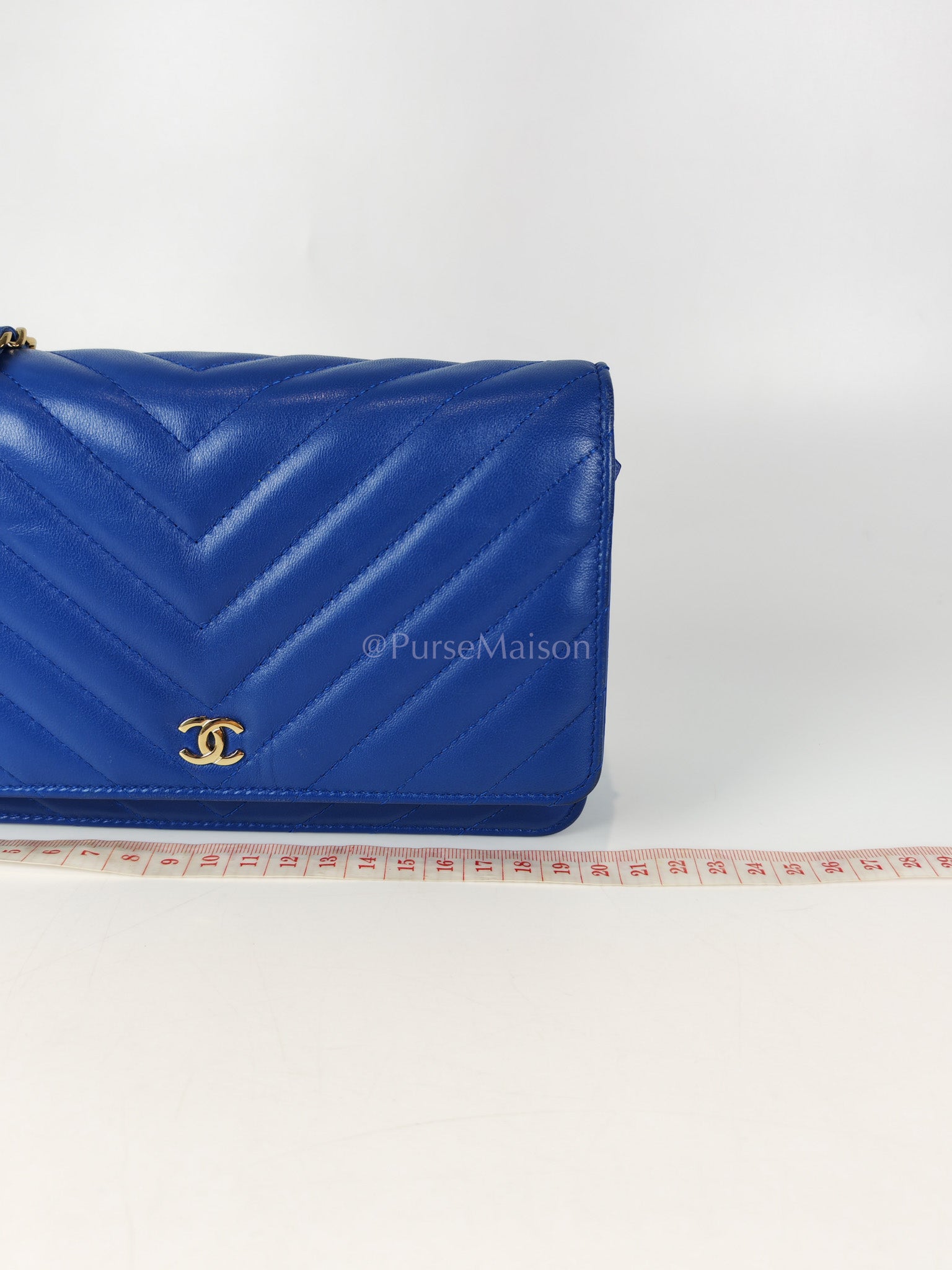 Wallet On Chain in Blue Chevron Lambskin Leather and Light Gold Hardware (Series 27) | Purse Maison Luxury Bags Shop