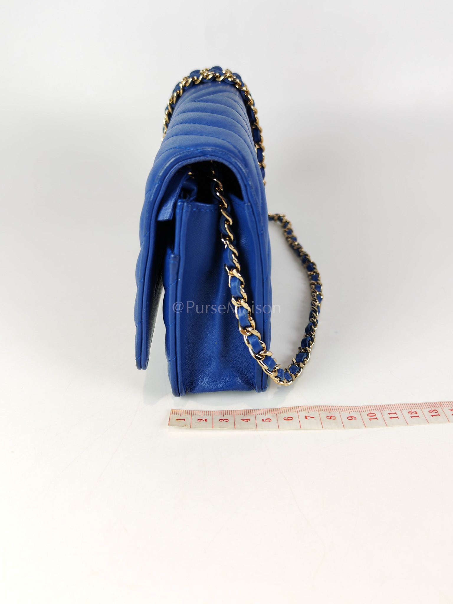 Wallet On Chain in Blue Chevron Lambskin Leather and Light Gold Hardware (Series 27) | Purse Maison Luxury Bags Shop