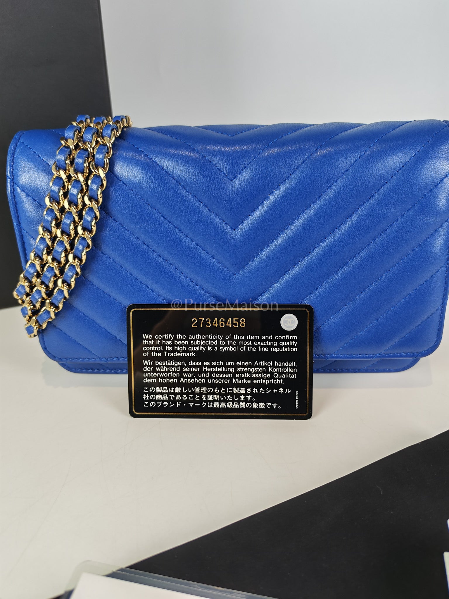 Wallet On Chain in Blue Chevron Lambskin Leather and Light Gold Hardware (Series 27) | Purse Maison Luxury Bags Shop