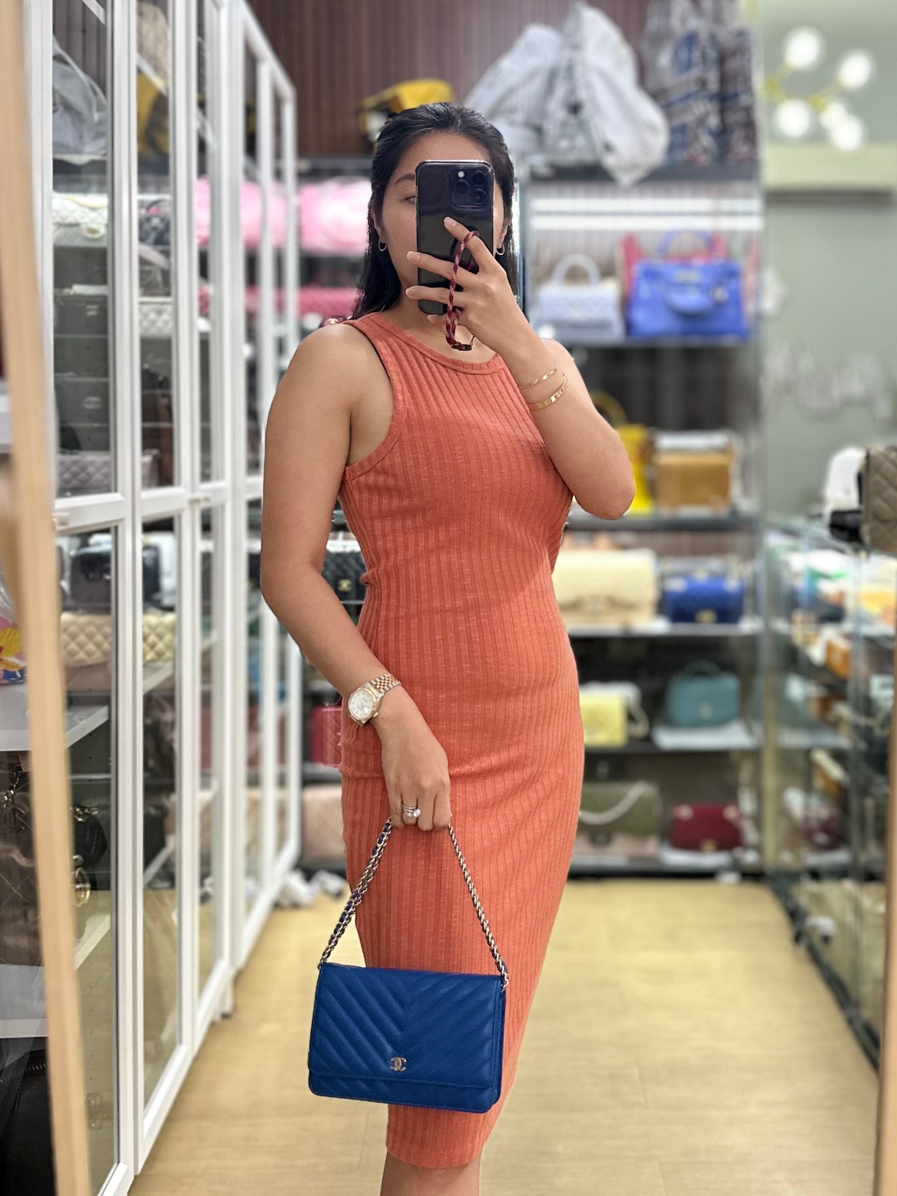 Wallet On Chain in Blue Chevron Lambskin Leather and Light Gold Hardware (Series 27) | Purse Maison Luxury Bags Shop